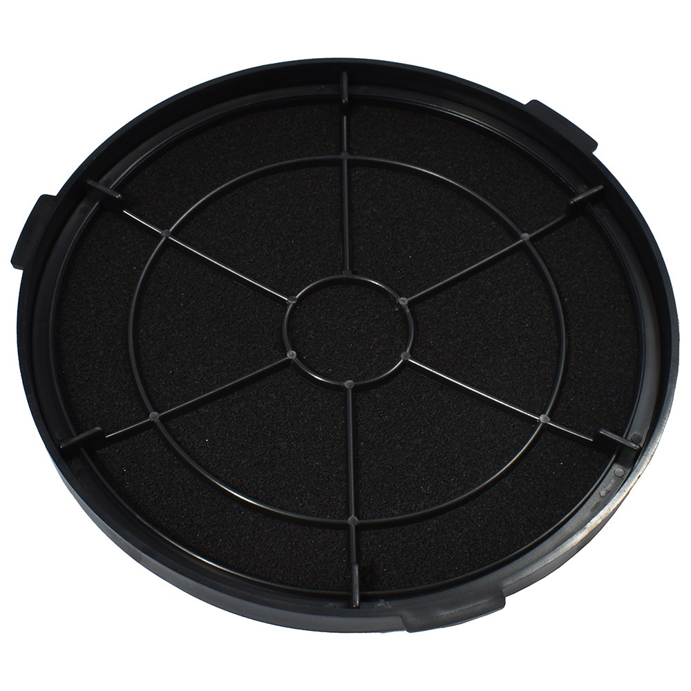 Filtro aria rotondo nero con rete e telaio in plastica nera.
