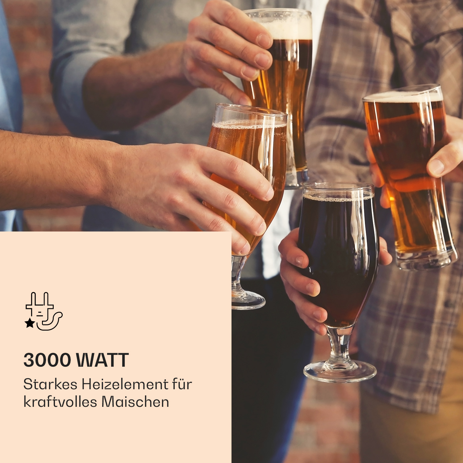 Des gens trinquent avec des verres de bière. Le texte dit '3000 W' et 'Élément chauffant puissant'.