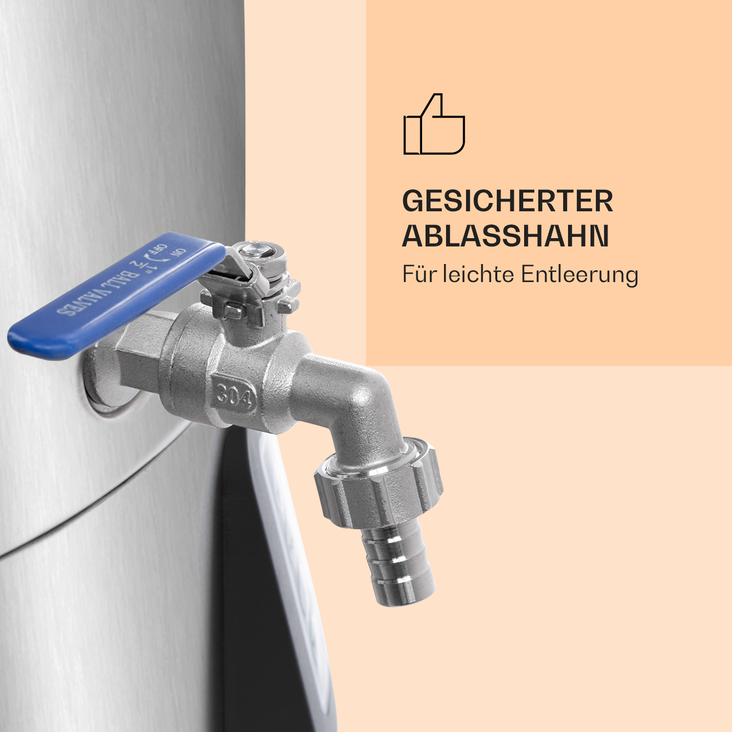 Nahaufnahme eines Edelstahlhahns mit blauem Griff, Text: SICHERER ABLASSHAHN.