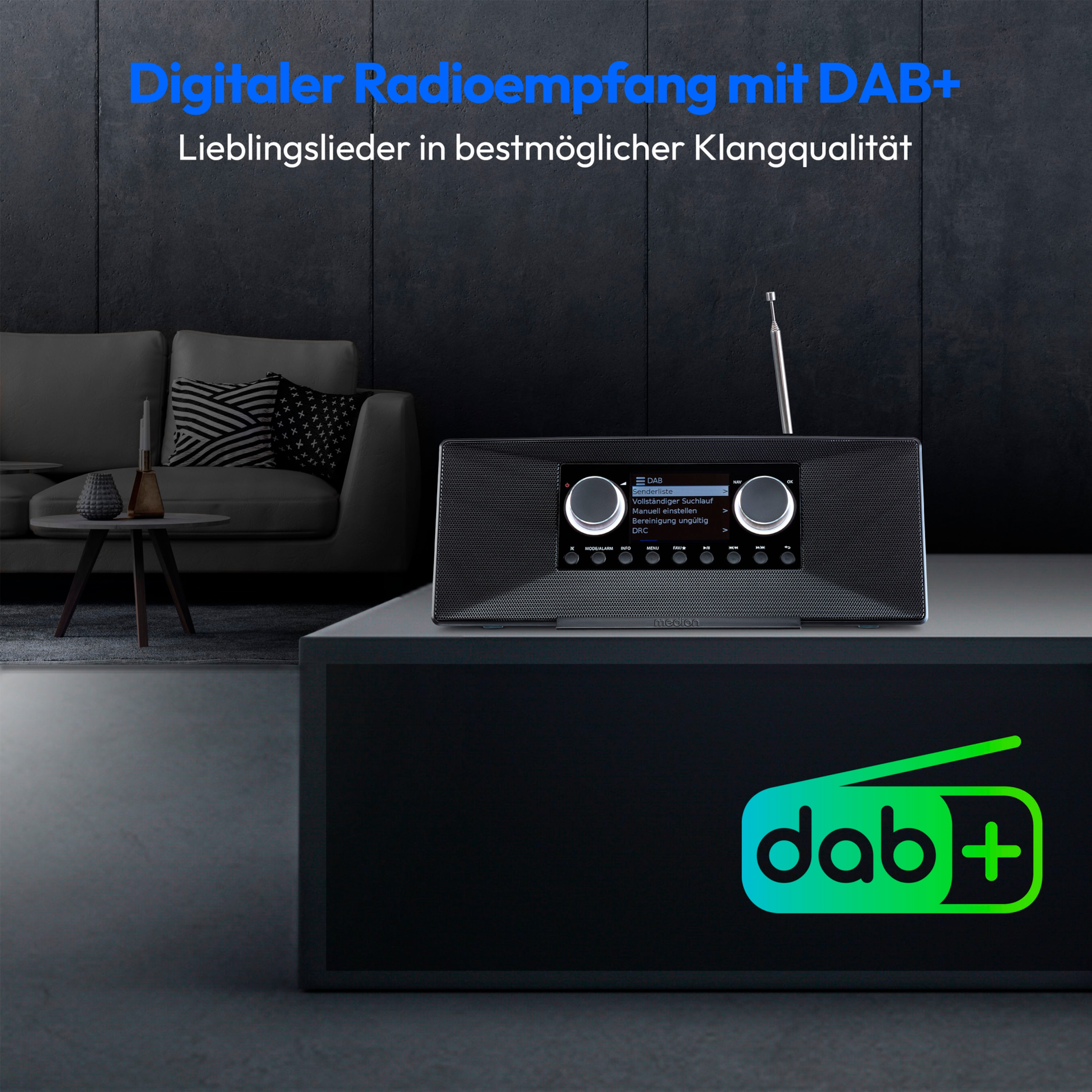 Ein schwarzes Radio mit Bildschirm und einem grünen dab+-Logo davor.