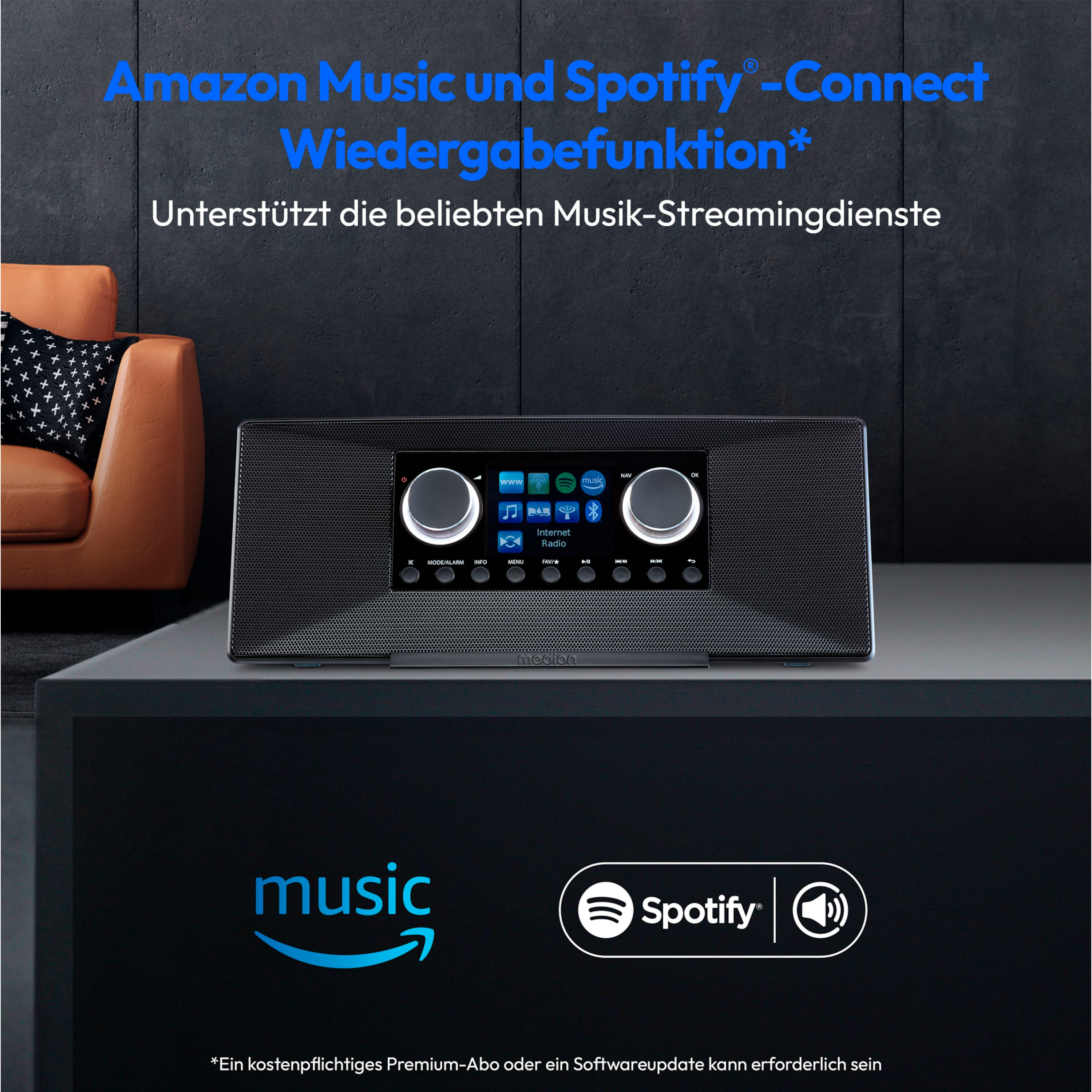 Schwarzes Internetradio auf einem Tisch. Amazon Music- und Spotify-Logos sind sichtbar.
