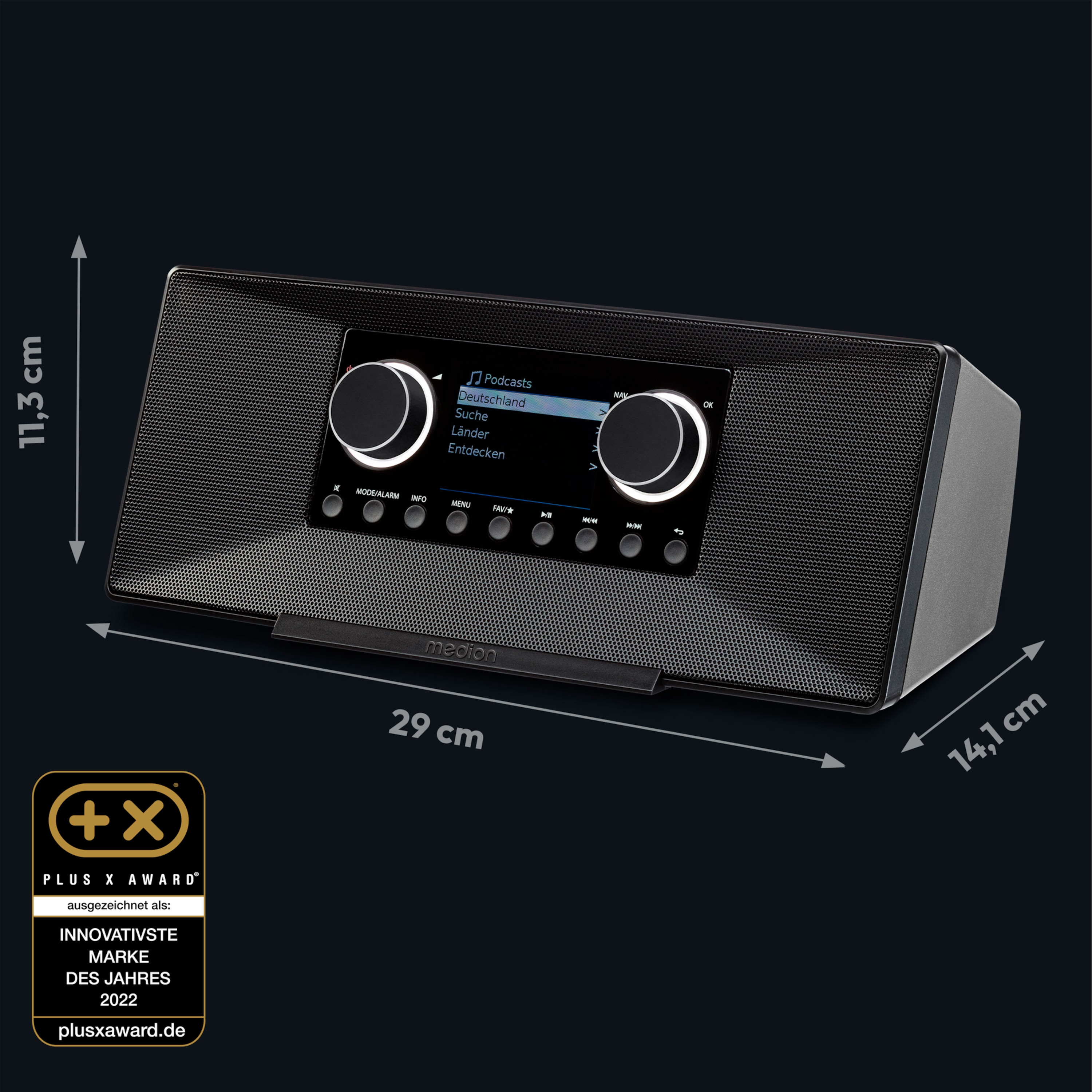 Ein schwarzes Internetradio mit Maßen und einem Plus-X-Award-Label.