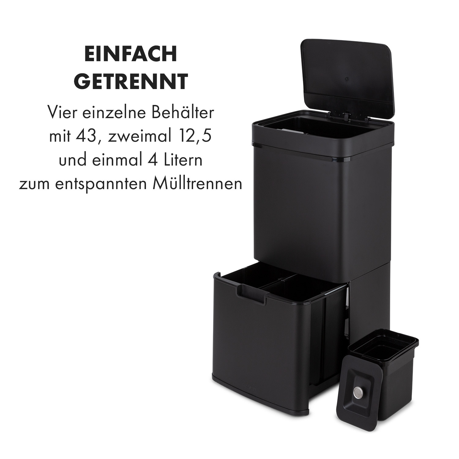 Schwarze Mülleimer, vier separate Behälter, mit Text über einfache Mülltrennung.