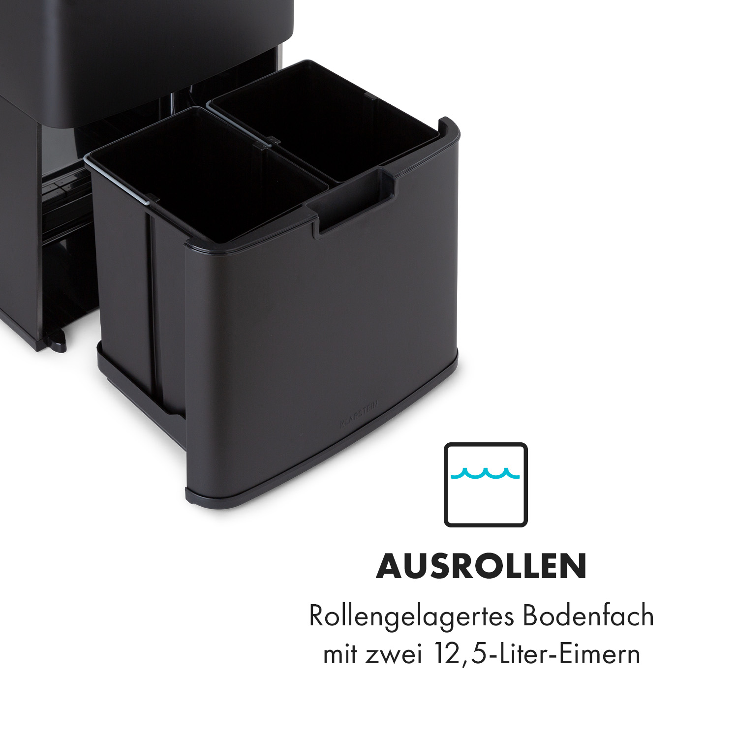 Schwarzer Mülleimer mit zwei Fächern. Text: "AUSROLLEN". Boxen gleiten auf Schienen.