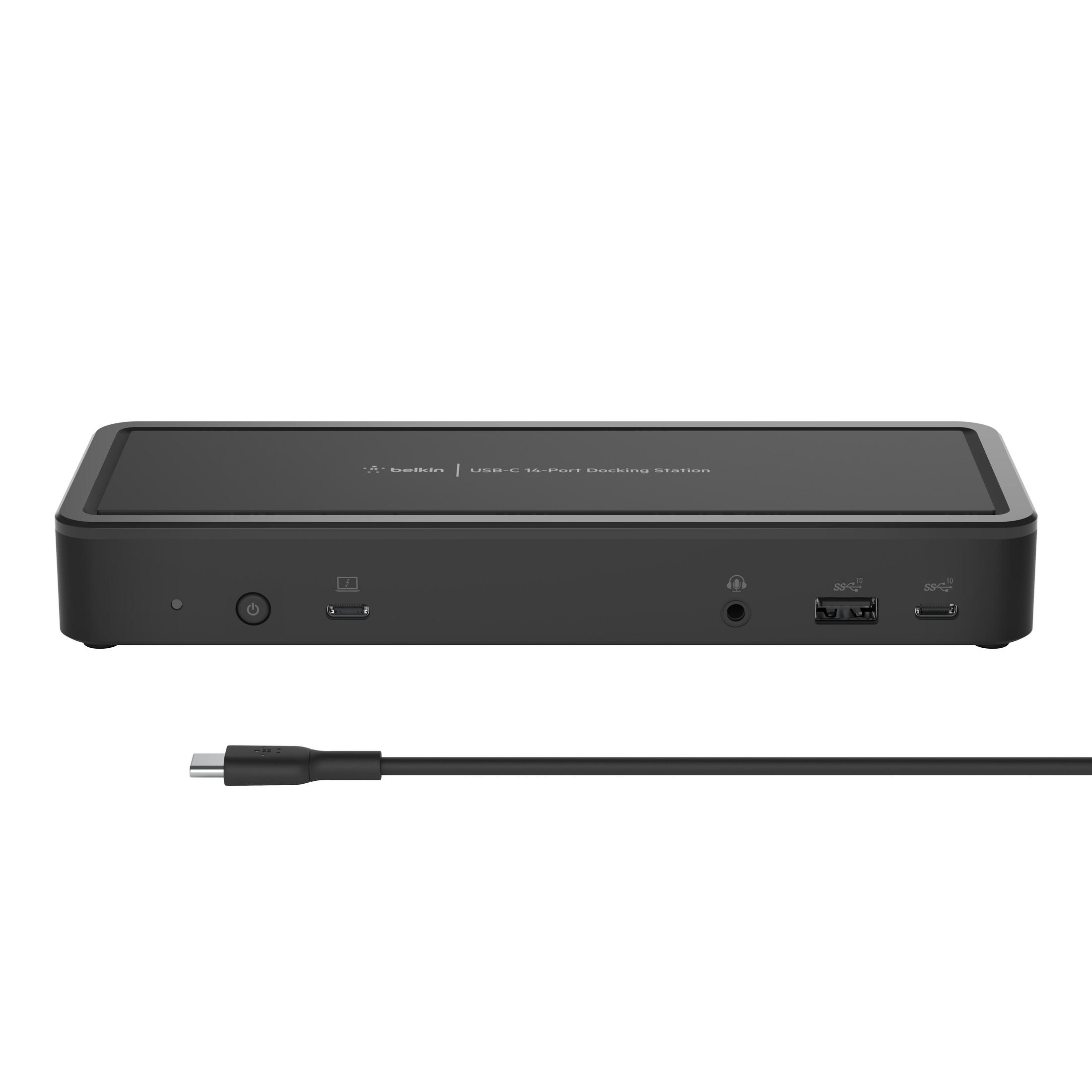 Station d'accueil USB-C noire avec plusieurs ports et un câble USB-C attaché.