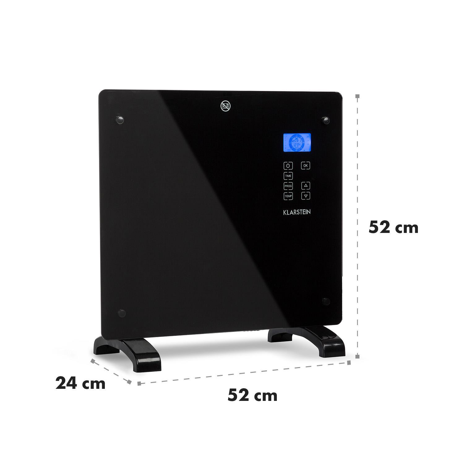 Un termoventilatore elettrico nero con display digitale, con dimensioni di 24x52x52 cm, su sfondo bianco.