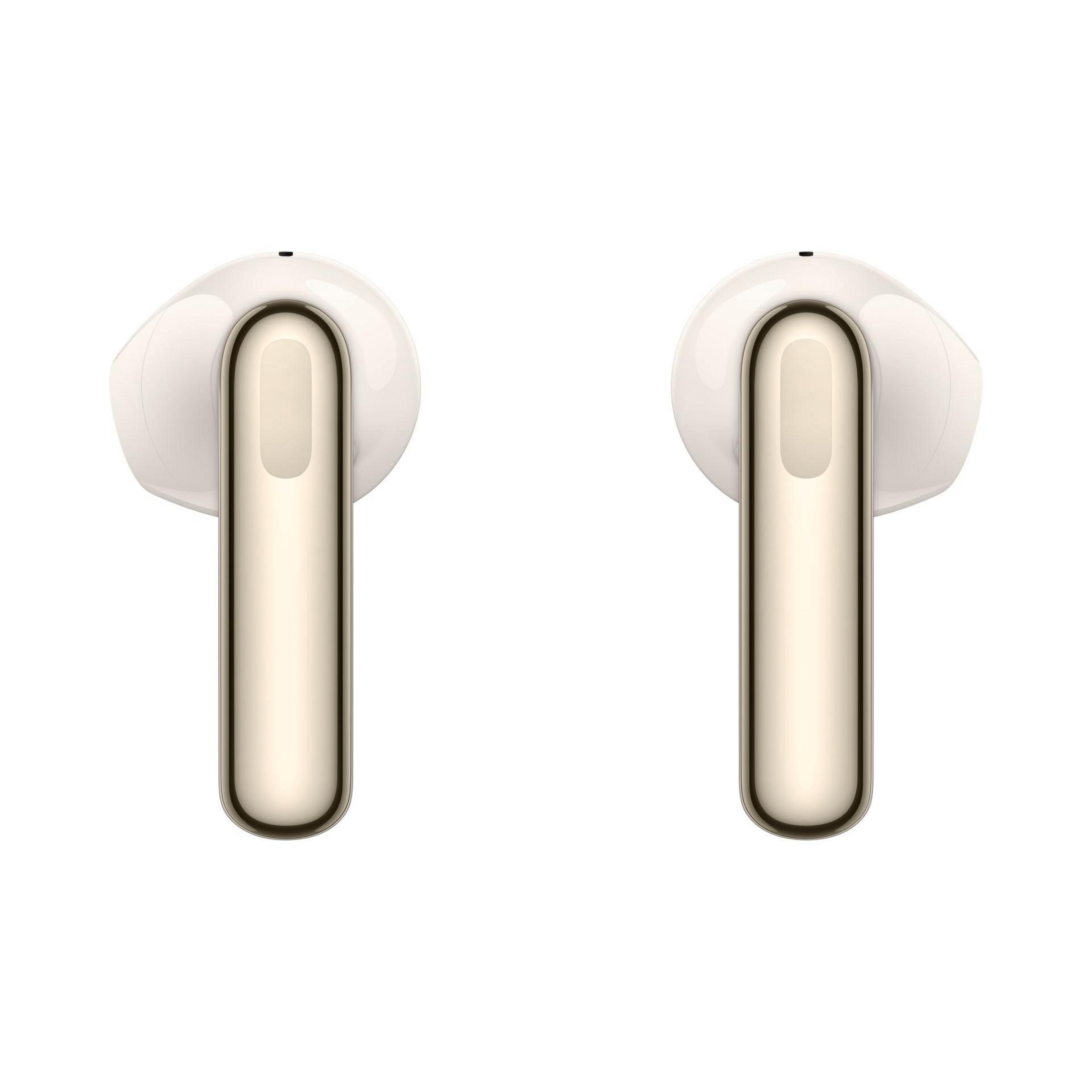 Par de auriculares blancos. Diseño minimalista, detalles dorados, fondo blanco, simple, limpio.