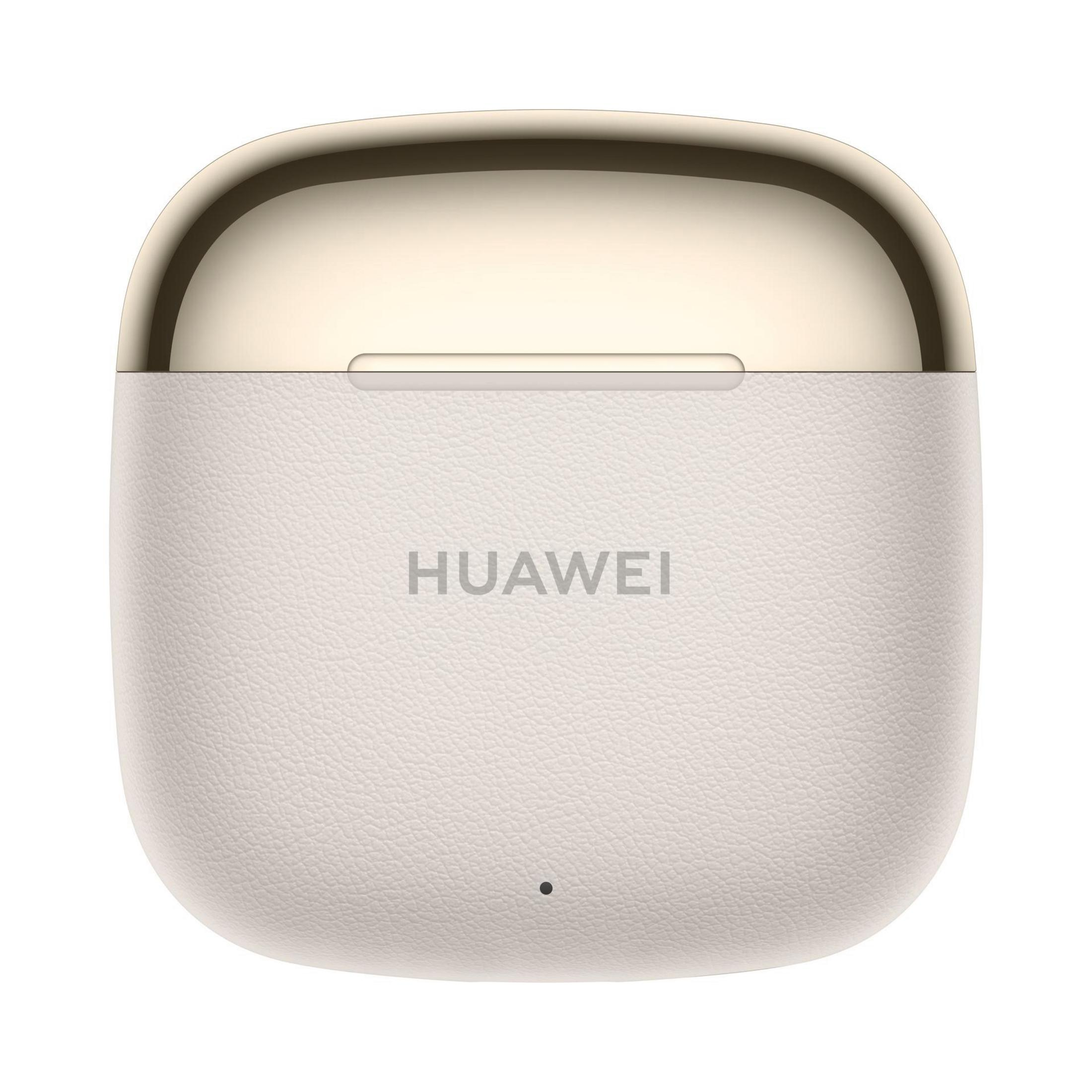 Un estuche de auriculares blanco y dorado, con la palabra 'HUAWEI'.