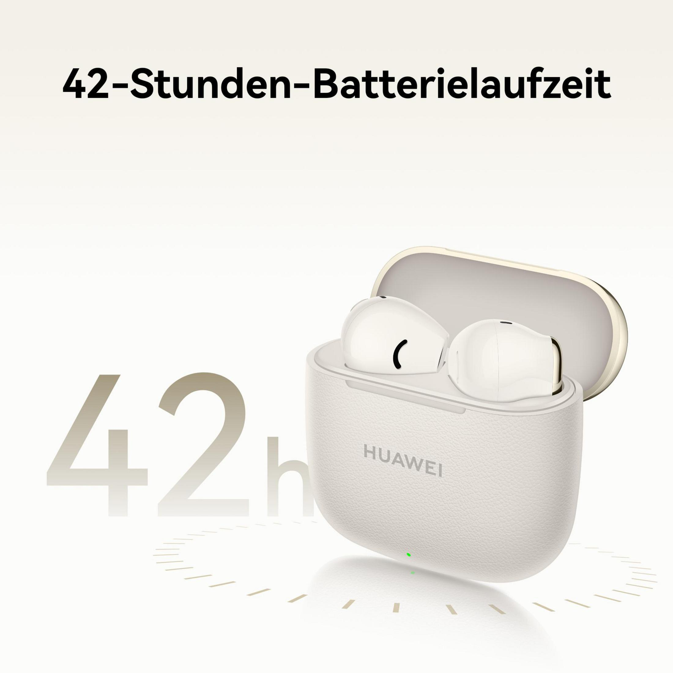 Oordopjes in een oplaadcase. Tekst: 42-Stunden-Batterielaufzeit, 42h. Merk Huawei zichtbaar.