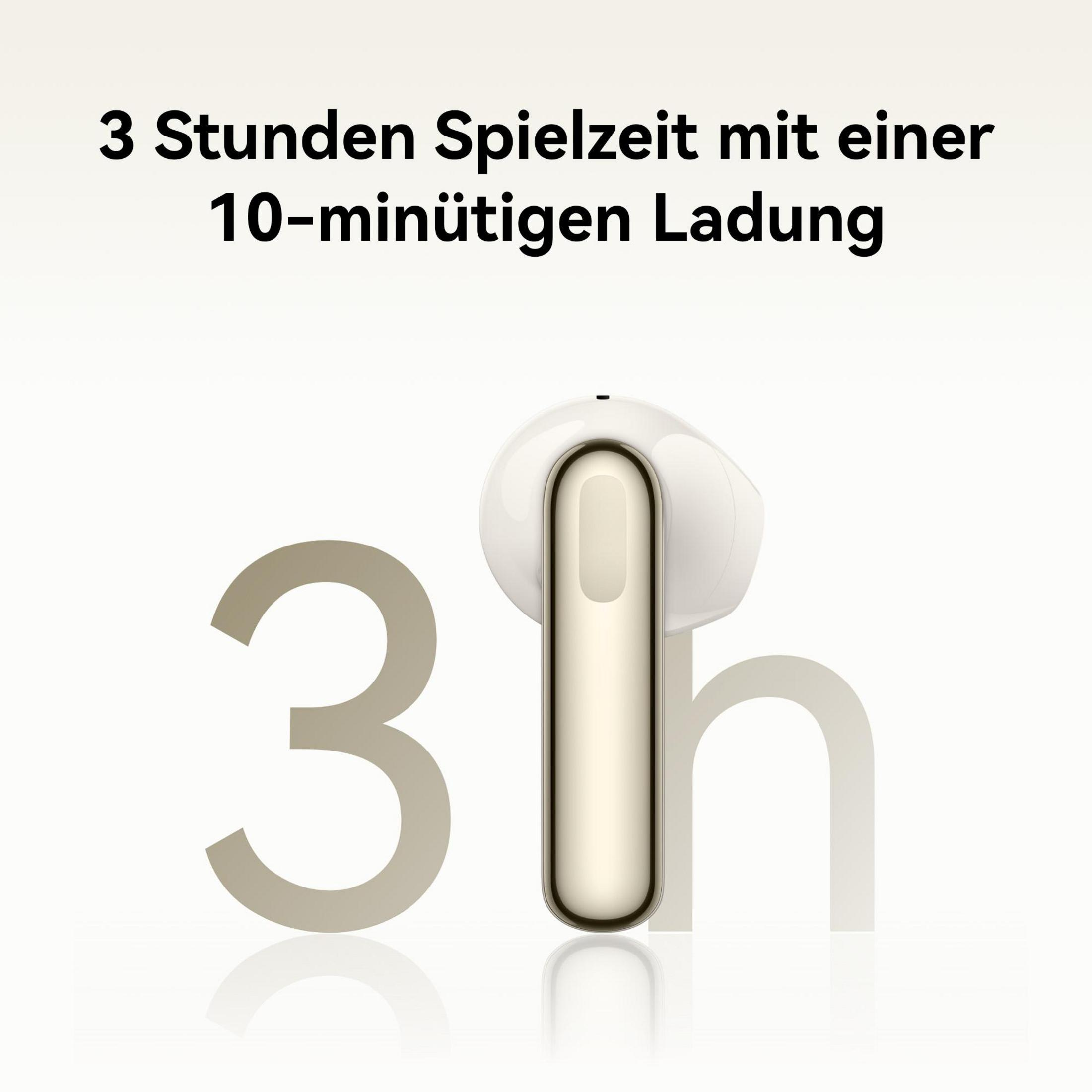 Witte draadloze oordopjes met een oplaadcase, die 3 uur speeltijd laten zien na 10 minuten opladen.