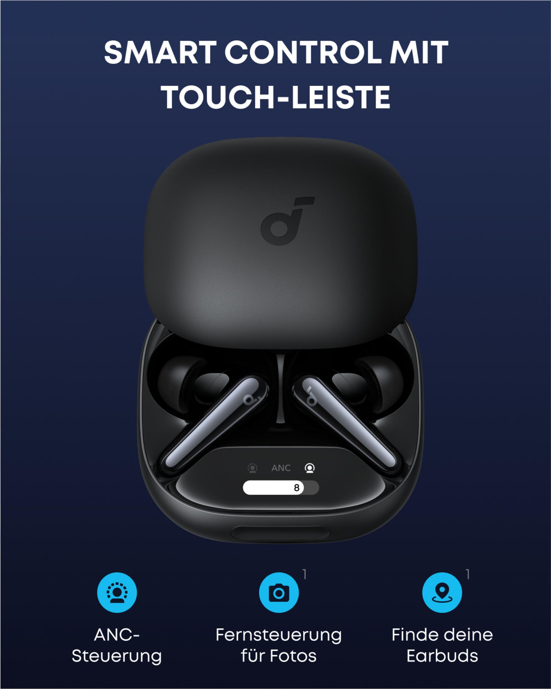 Słuchawki Anker z etui ładującym, z dotykowym sterowaniem. Tekst mówi o sterowaniu ANC, sterowaniu zdjęciami i znajdowaniu słuchawek.