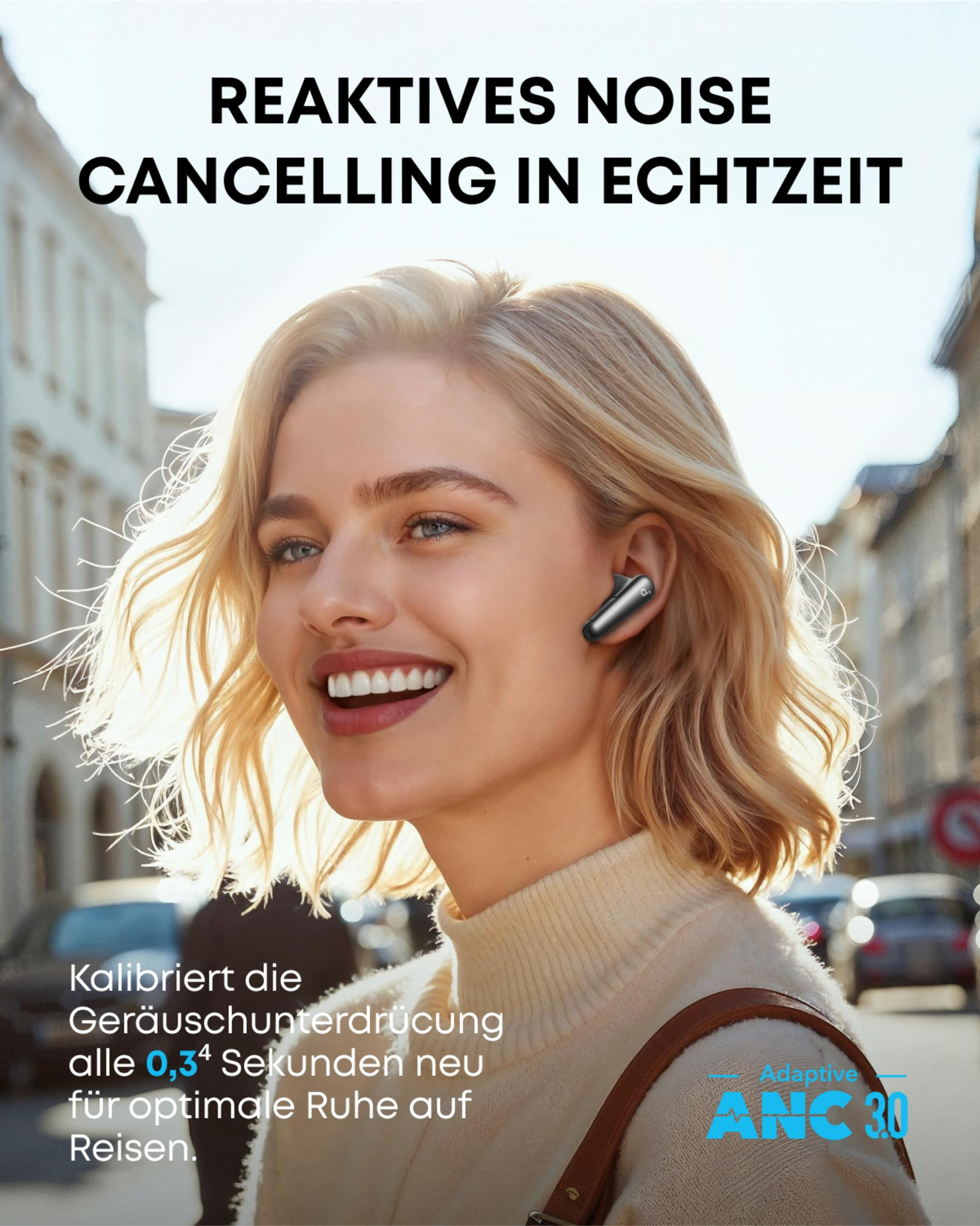 Kobieta w słuchawkach, uśmiechnięta, z informacjami o redukcji szumów.