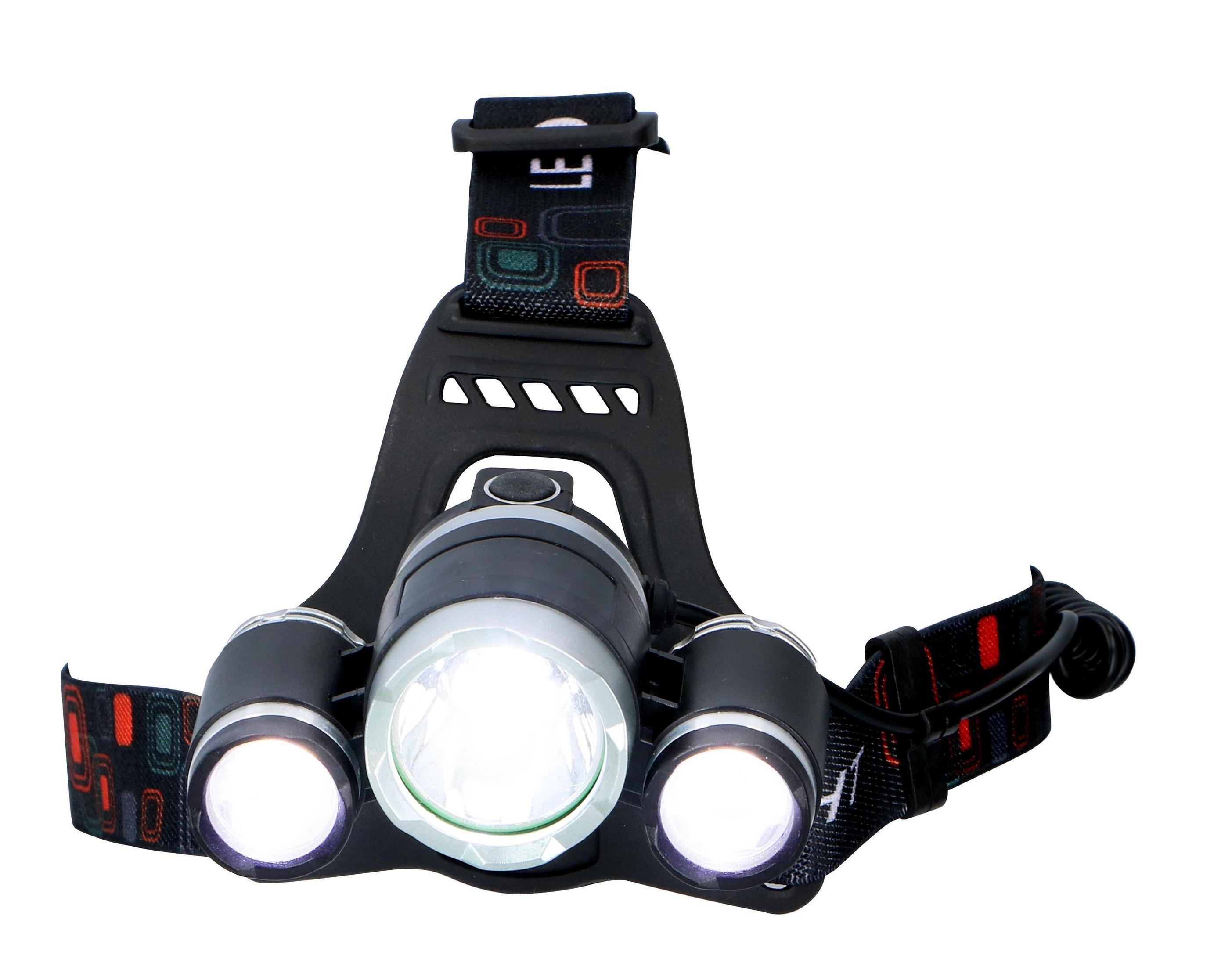 Stirnlampe mit drei Lichtern, schwarzem Stirnband und roten gemusterten Riemen auf weißem Hintergrund.