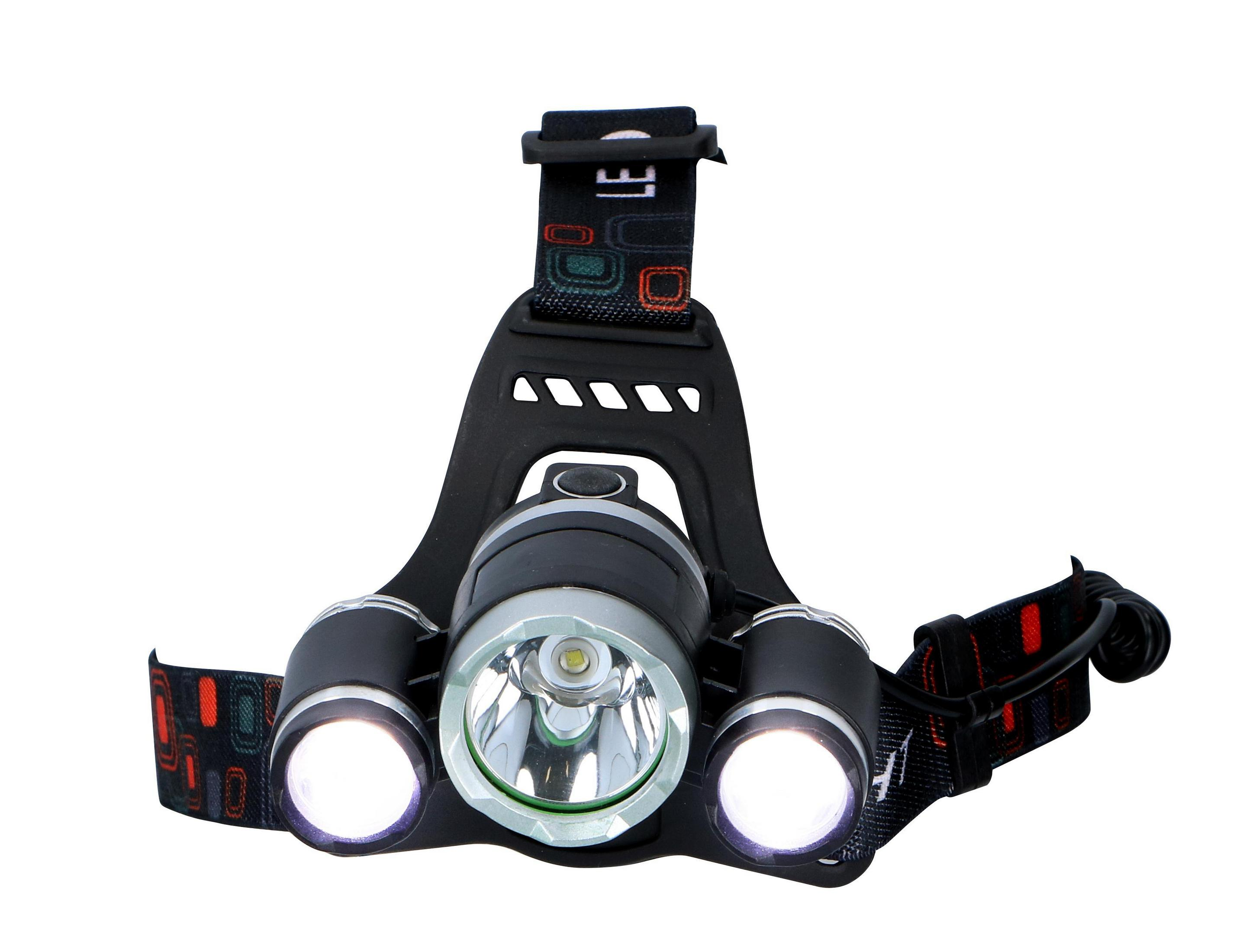 Stirnlampe mit drei hellen LEDs an einem schwarzen Stirnband. Die LEDs sind nach vorne gerichtet.
