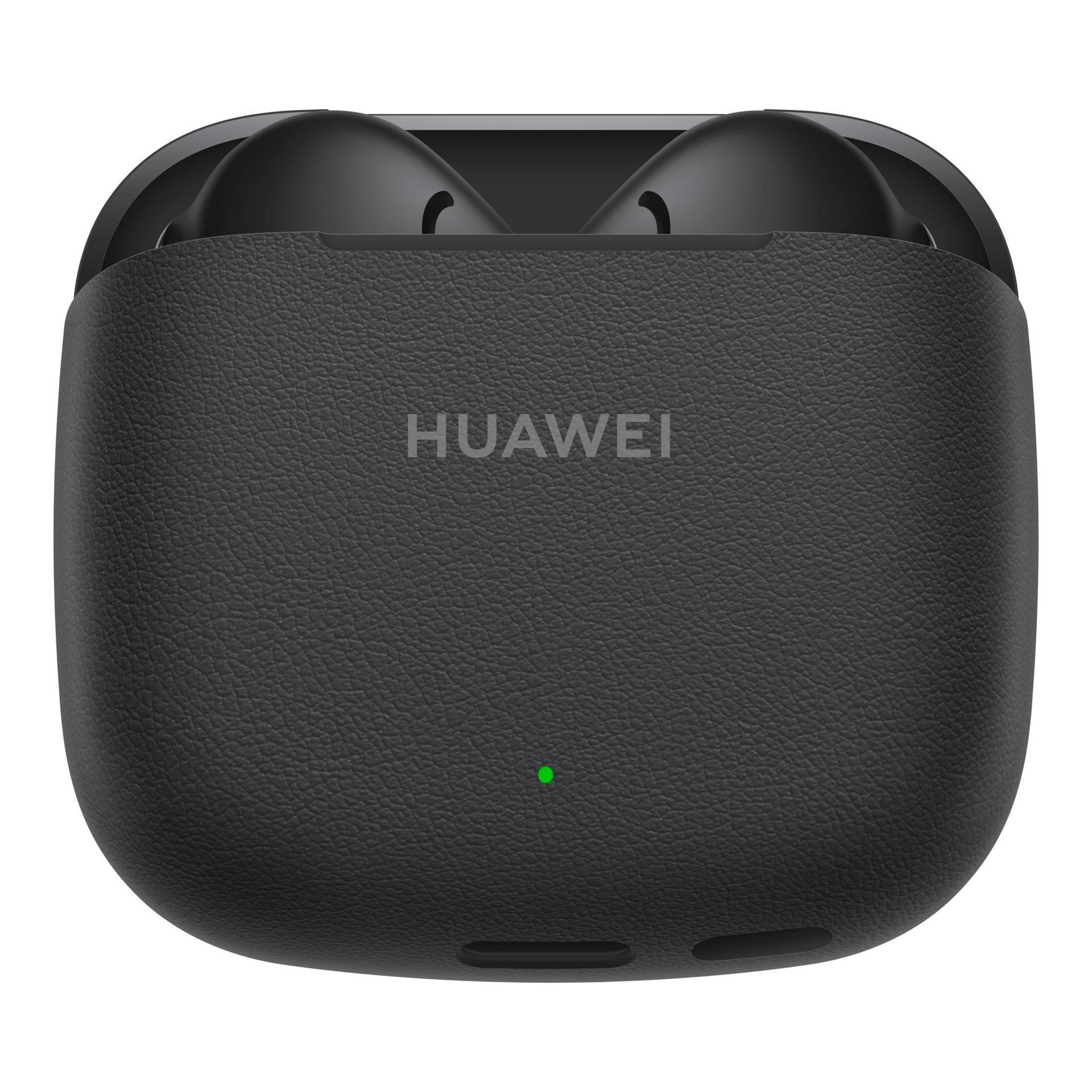 Zwarte oortelefoonhoes, gesloten, met Huawei-logo en een groen licht. Getextureerd oppervlak.