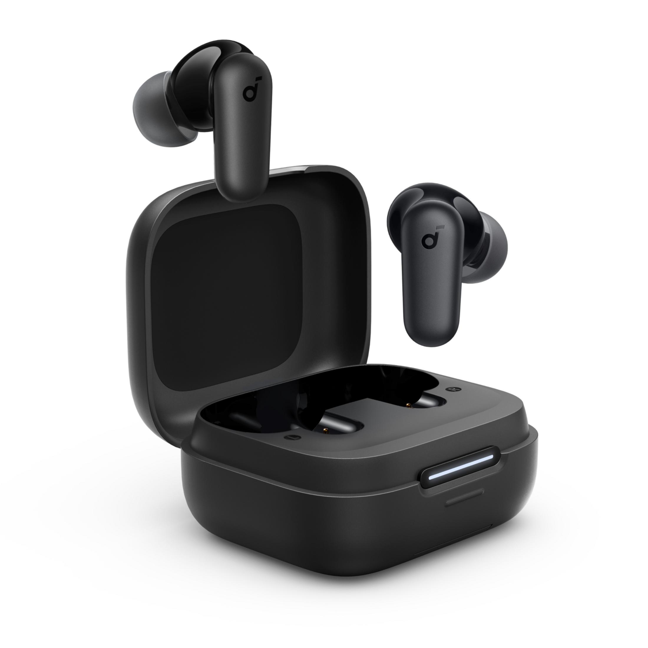 Auriculares negros en un estuche negro abierto. El logotipo de Anker es visible. Fondo blanco.