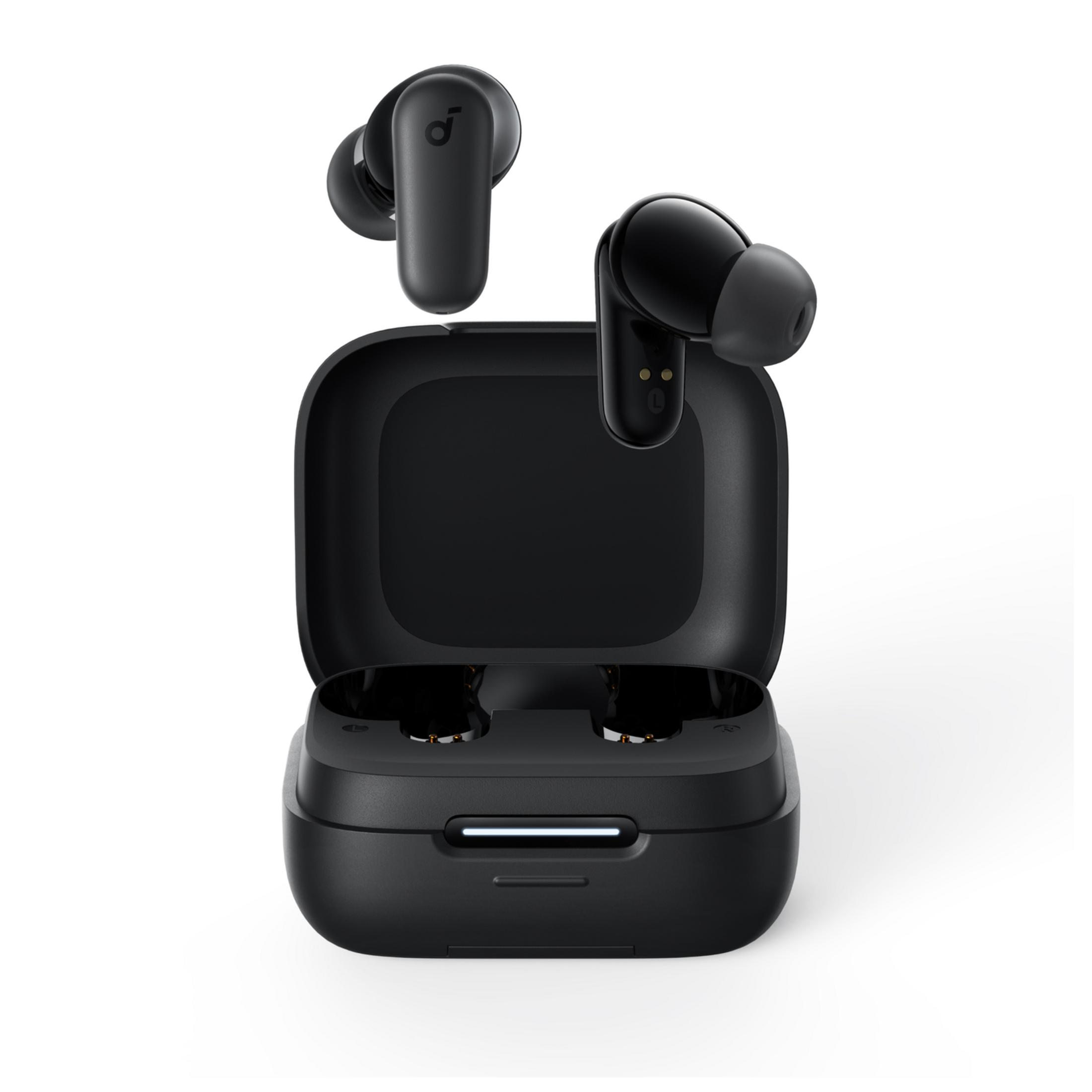 Auriculares inalámbricos negros y estuche de carga sobre fondo blanco. Auriculares visibles.