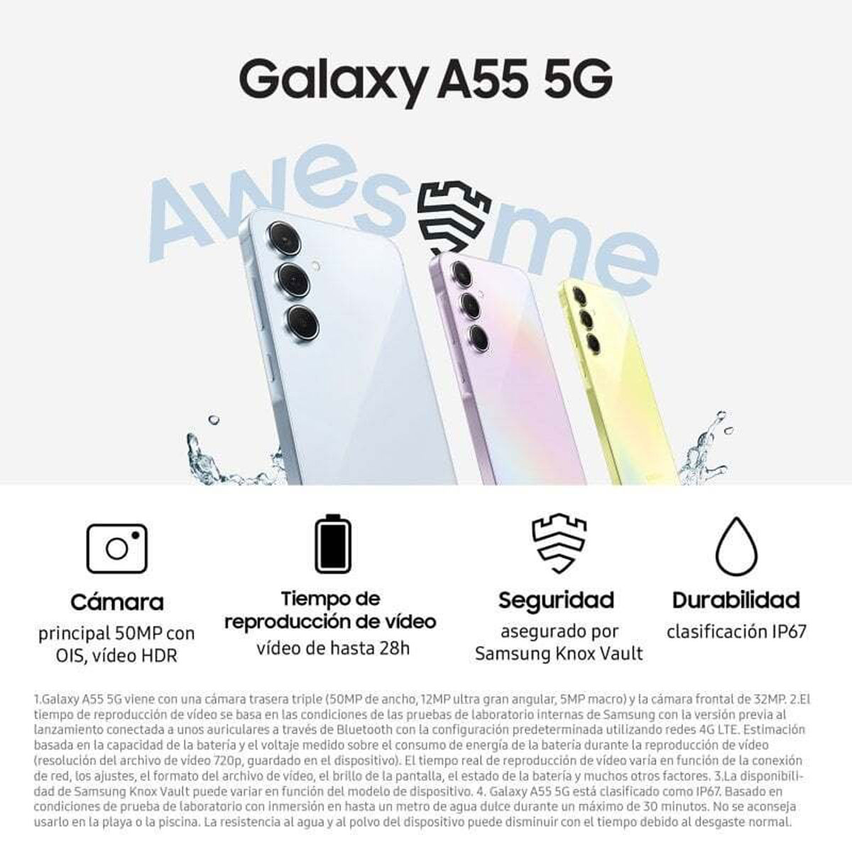 Un'immagine promozionale per il Galaxy A55 5G. Vengono visualizzati tre telefoni e testo.