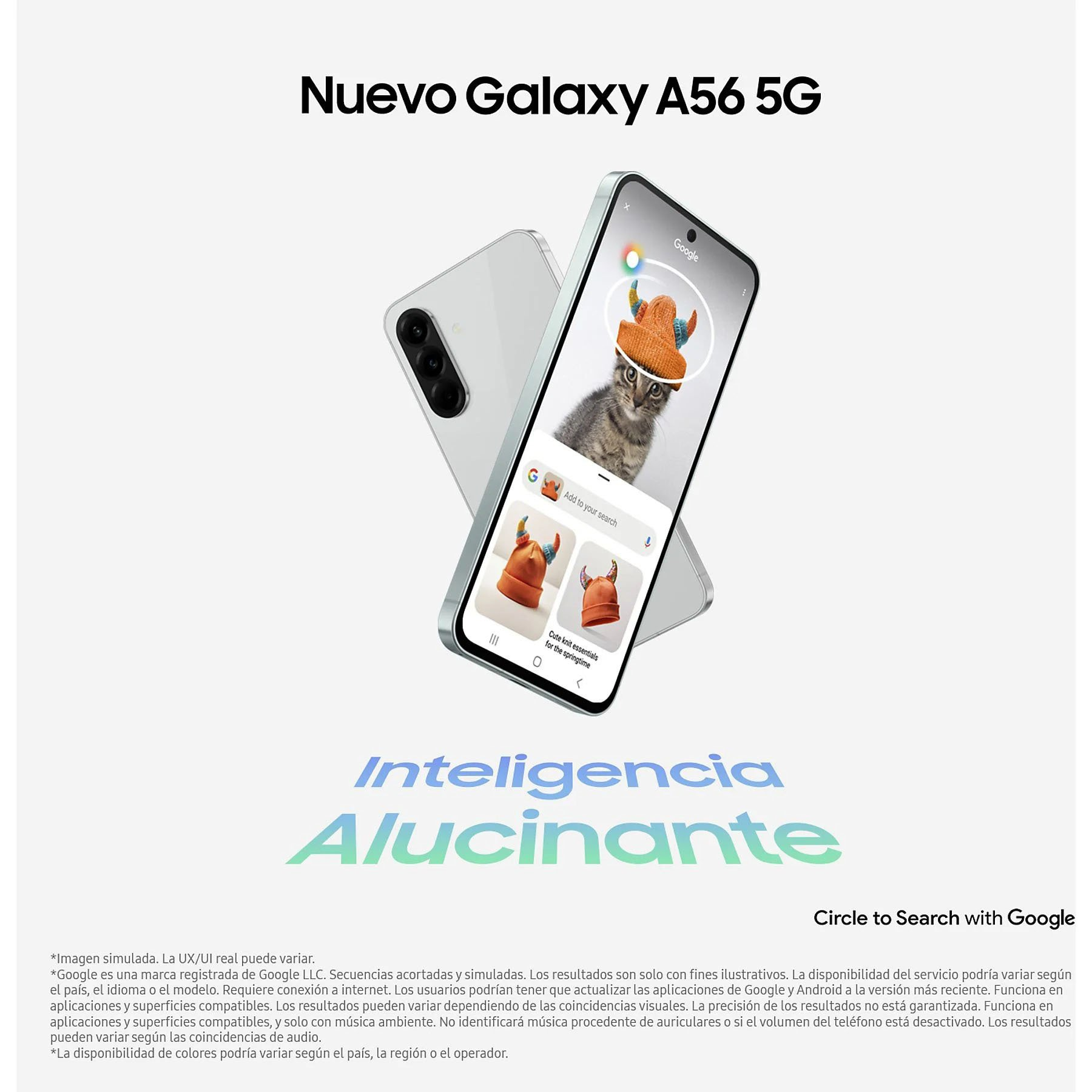 Nuevo teléfono Galaxy A56 5G, con una imagen de gato en la pantalla y la barra de búsqueda de Google.