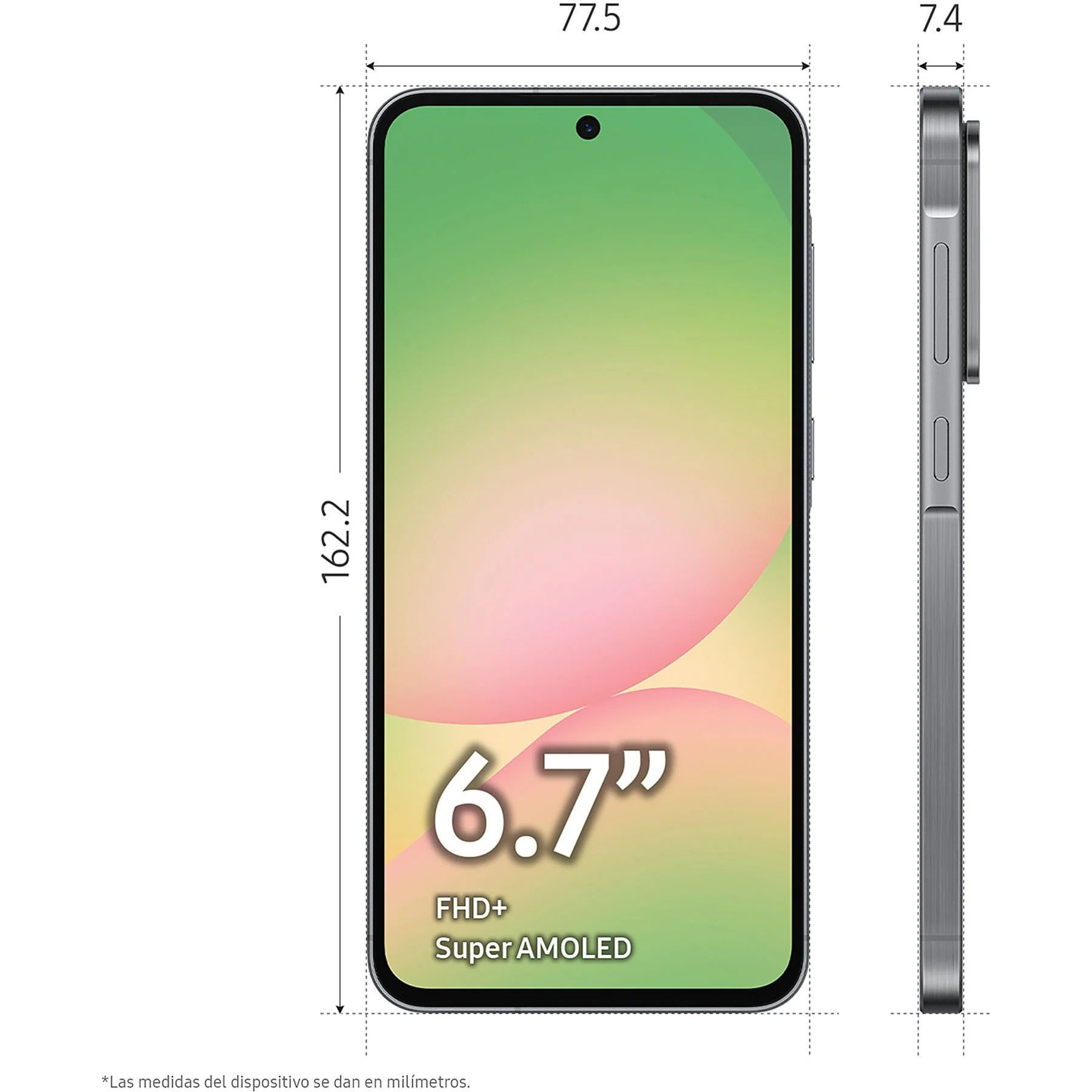Pantalla de smartphone mostrando dimensiones, pantalla 6.7" FHD+ Super AMOLED y vista lateral.