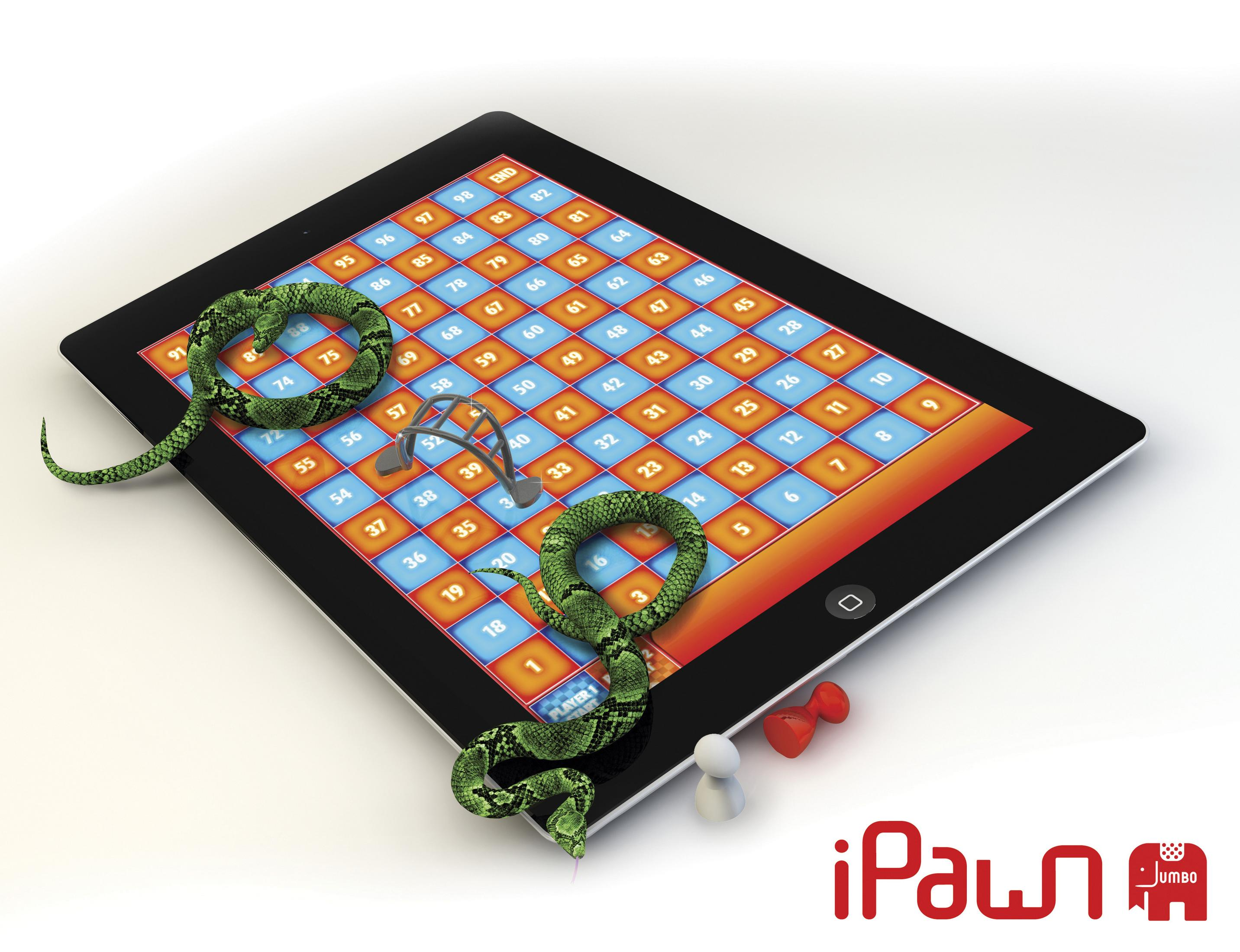 Tablet mit Schlangen- und Leitern-Spiel, Schlangen und Spielfiguren sind sichtbar.