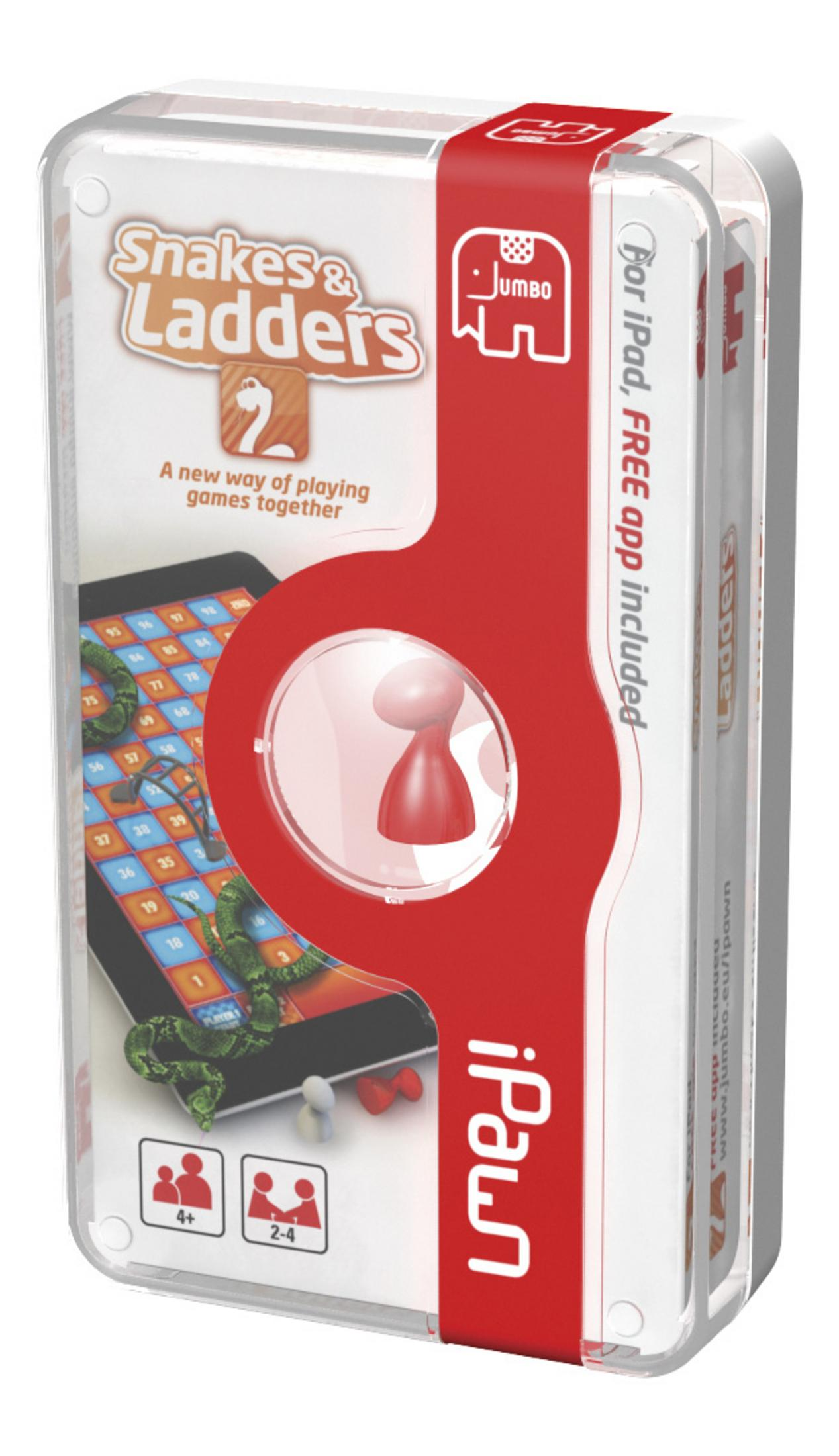 Snakes & Ladders 2 Spielbox, mit einem Spielbrett auf einem iPad, mit einer roten Figur.