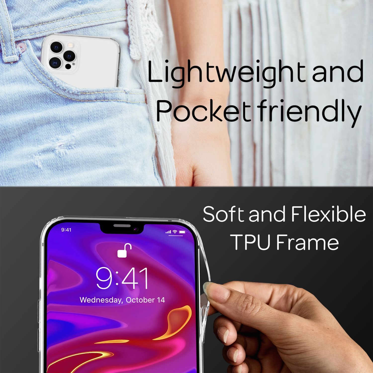 Telefon in der Tasche und eine Hand, die ein Telefon mit TPU-Rahmen hält, Text: Leicht, Taschenfreundlich.