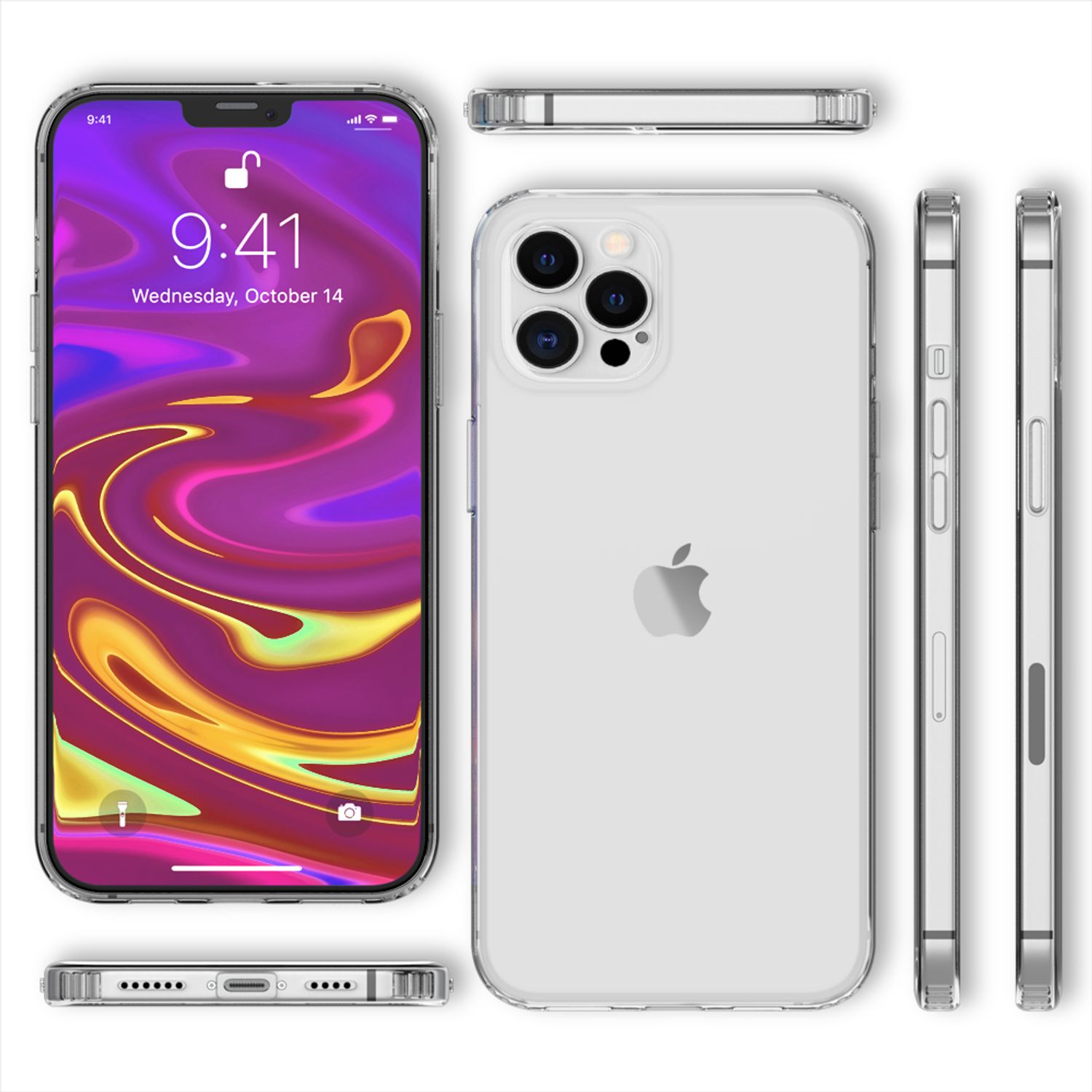 iPhone in einer transparenten Hülle, zeigt den Bildschirm mit Uhrzeit und farbenfrohem Hintergrund. Seitenansichten.