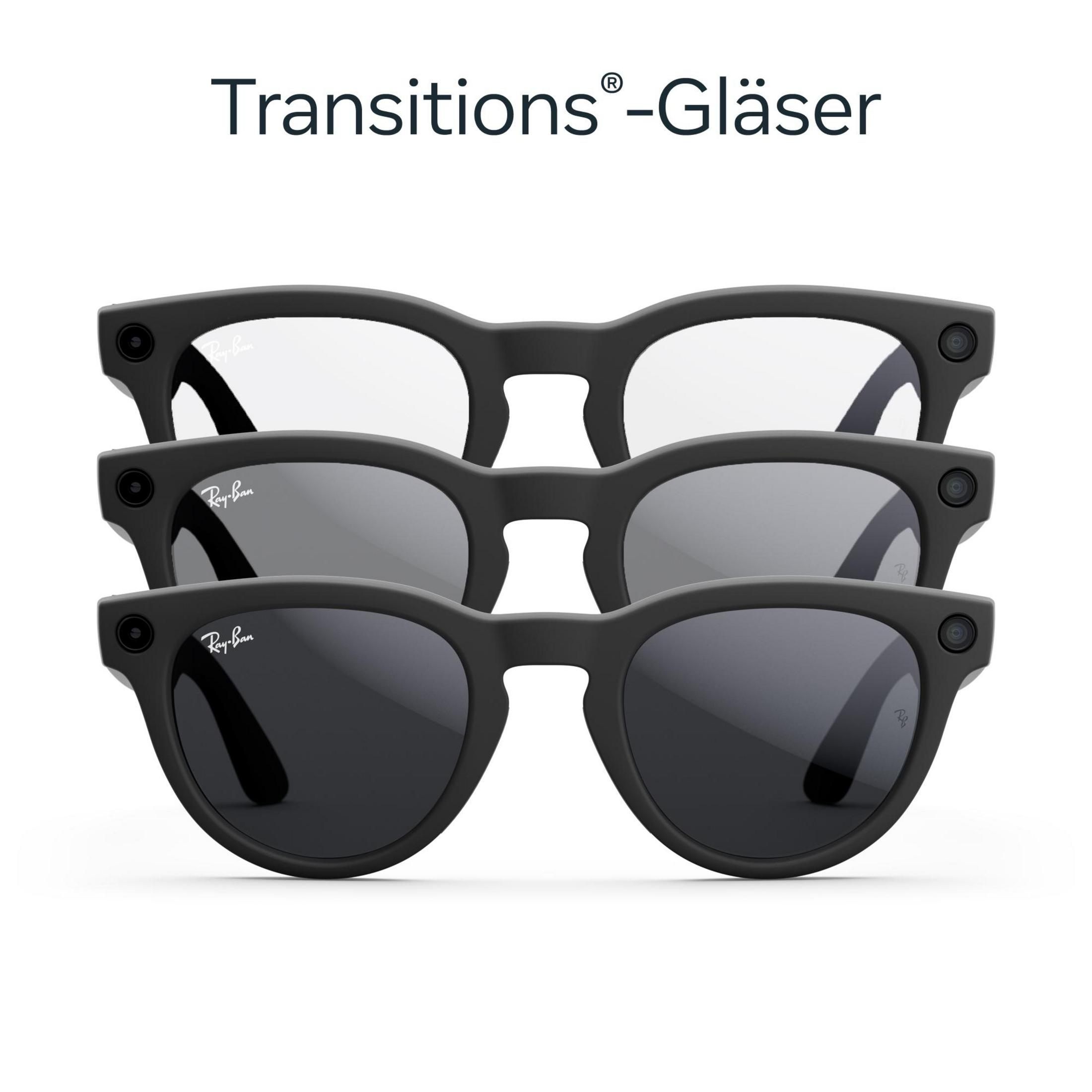 Drei Paar schwarze Ray-Ban-Sonnenbrillen mit klaren und getönten Gläsern.