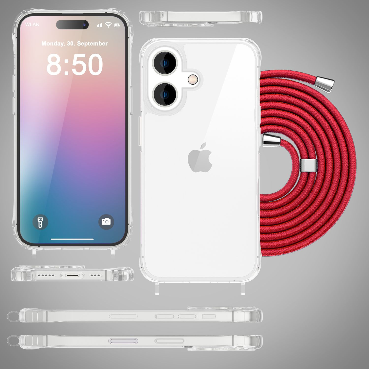 Si vede una custodia per telefono con un cinturino rosso. Il telefono mostra l'ora e la data. La custodia è trasparente.