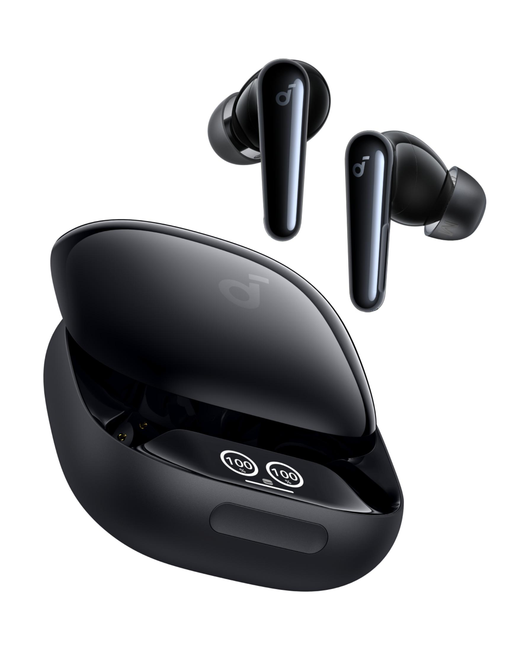 Se muestran auriculares inalámbricos negros y un estuche de carga. El estuche muestra dos indicadores de nivel de batería.