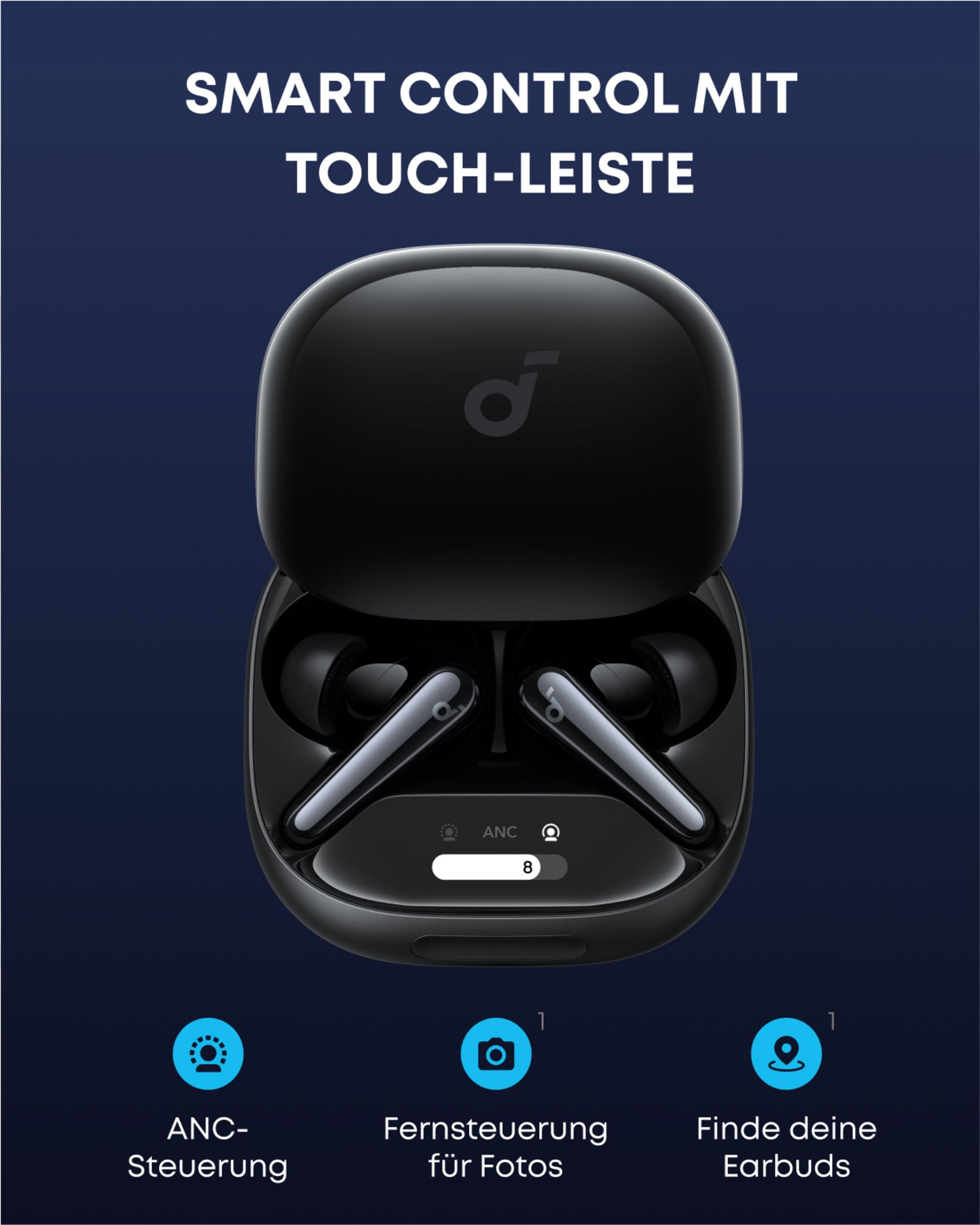 Auriculares negros en un estuche de carga con iconos y texto.