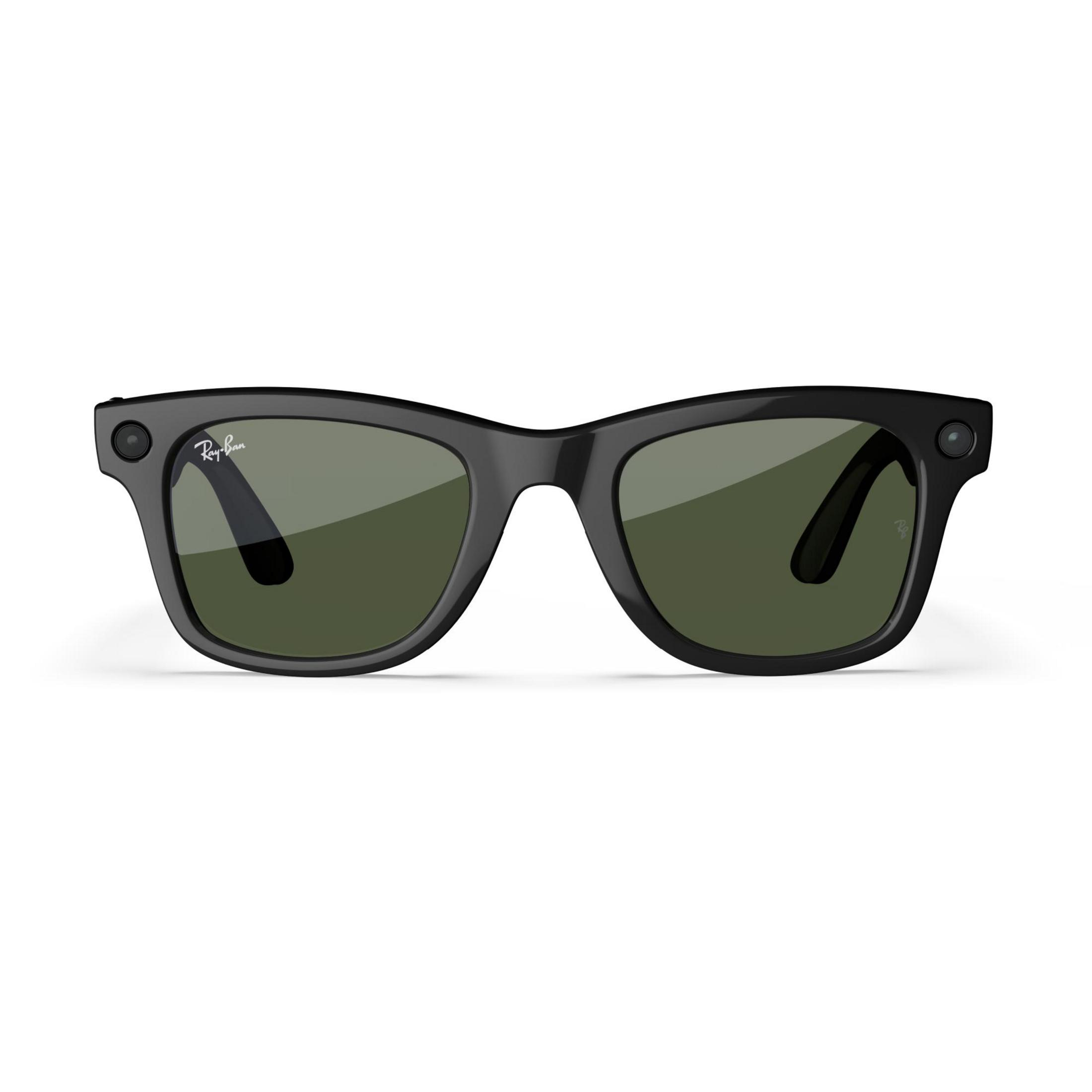 Siyah Ray-Ban akıllı gözlükler, önden görünüm, yeşil lensler, beyaz arka plan üzerinde.