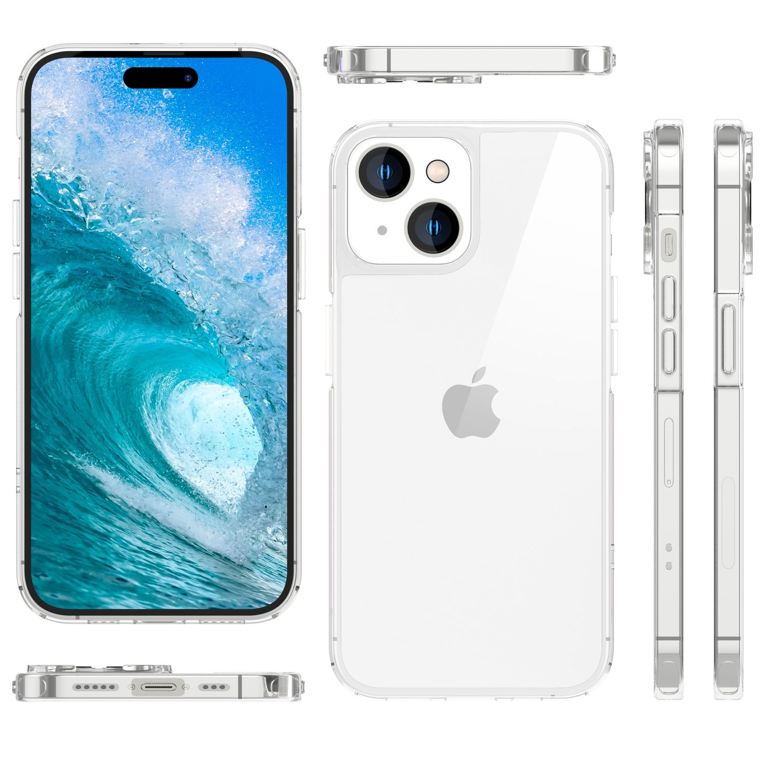 Funda transparente en teléfono con fondo de olas de agua.