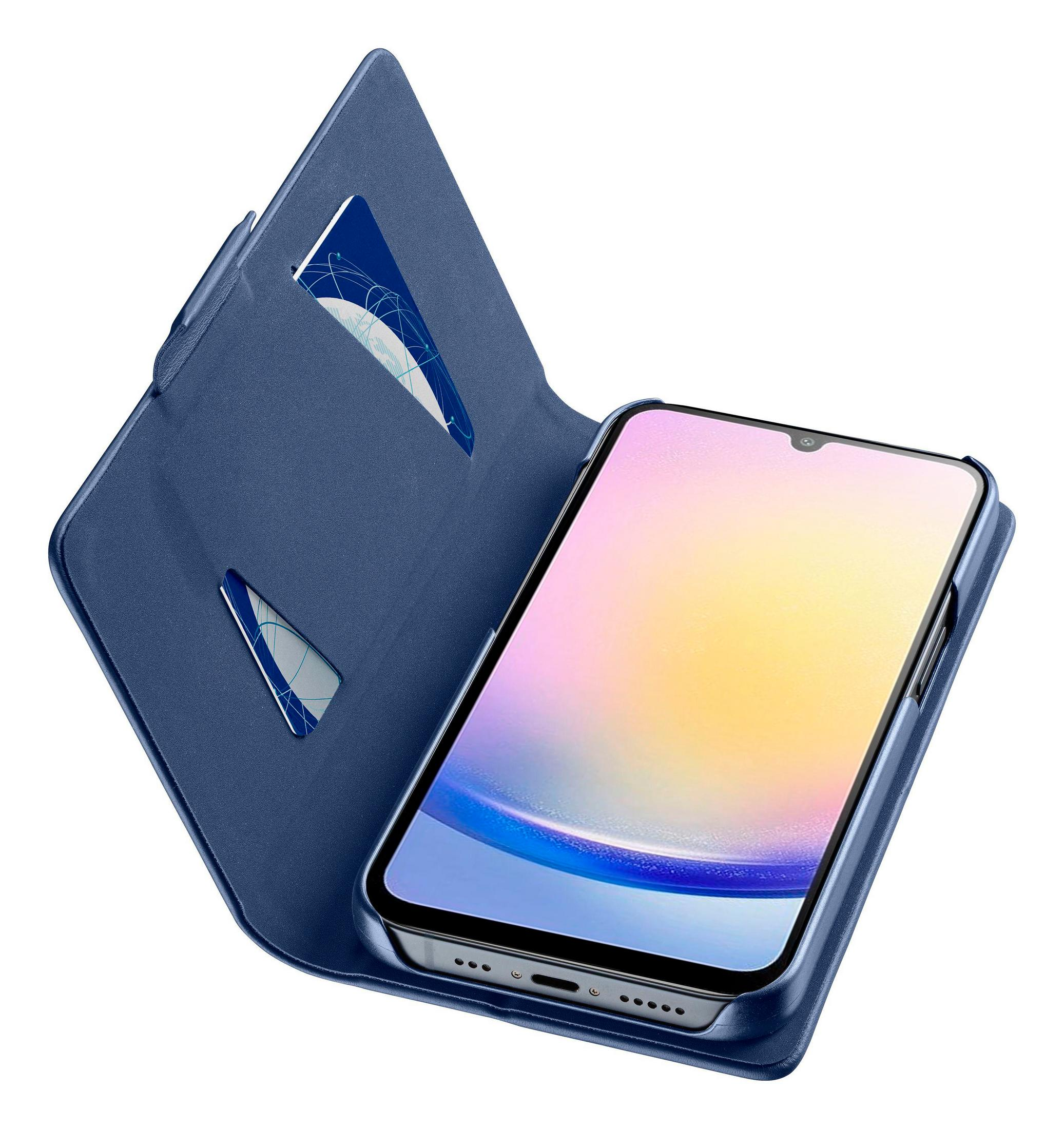 Custodia blu per telefono con un telefono all'interno, che mostra uno schermo.