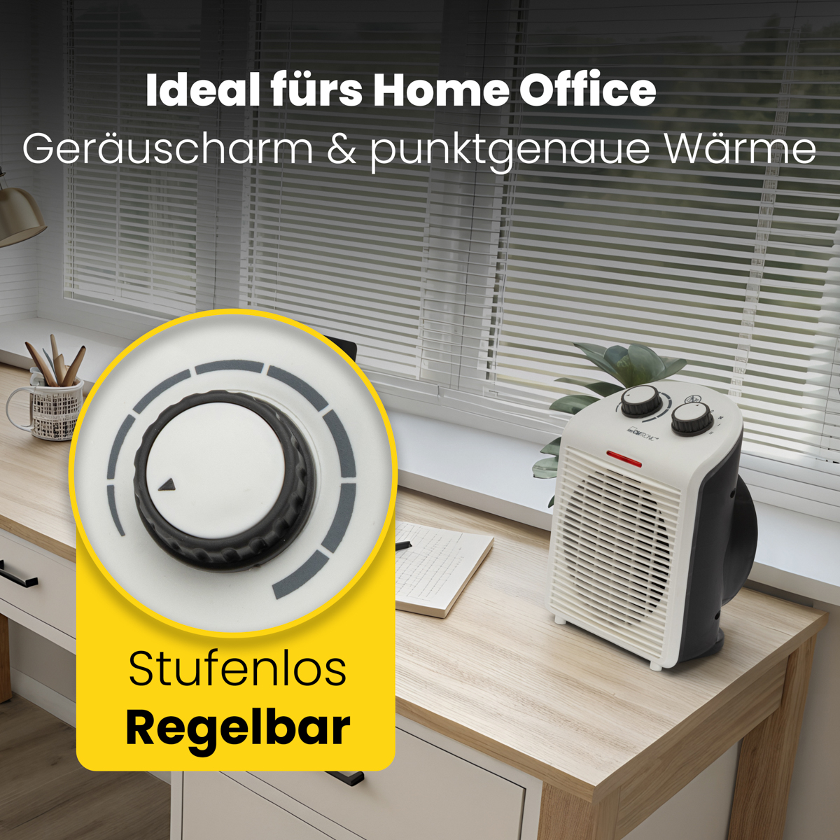 Biało-czarny grzejnik elektryczny na biurku w pobliżu okna. Biało-szara tarcza. Biuro domowe.