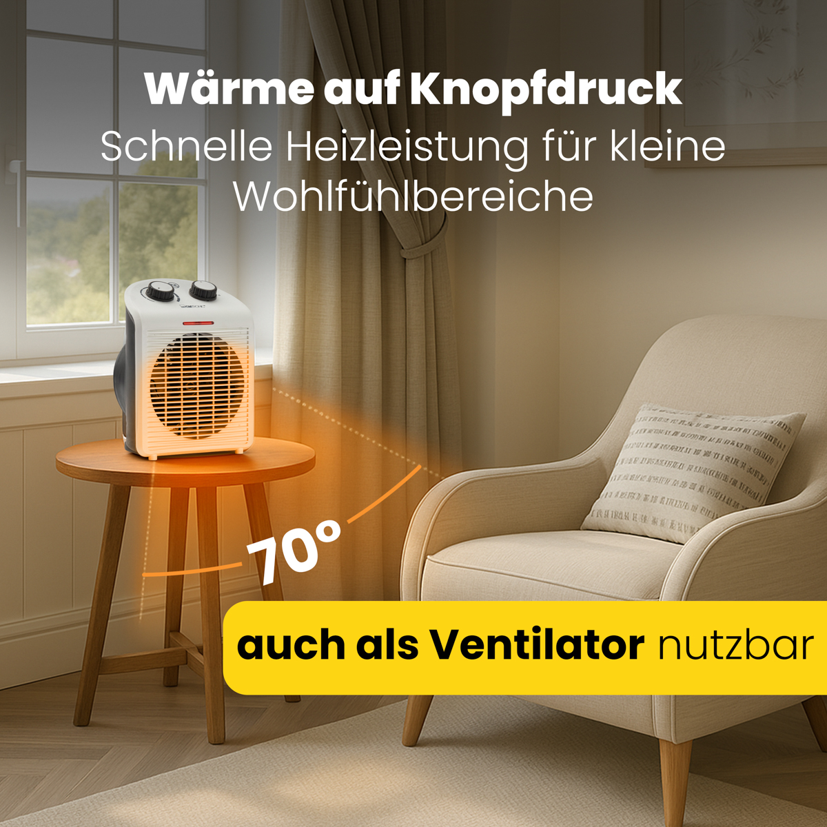 Biało-czarny grzejnik elektryczny na drewnianym stole, w pobliżu okna i krzesła. Ciepły ton.