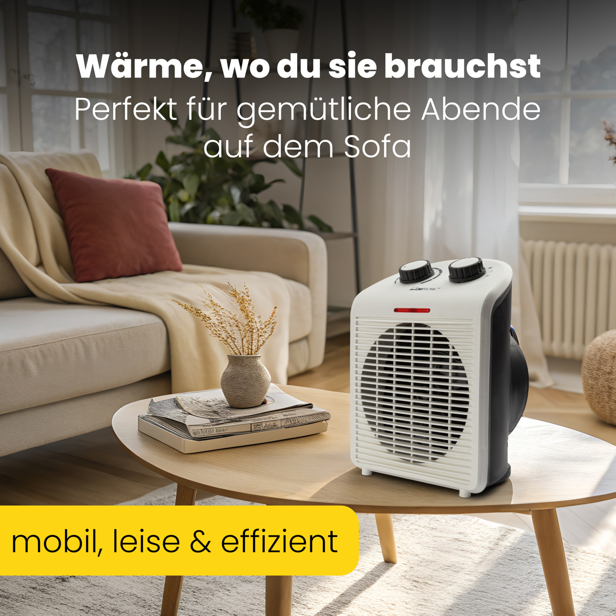 Biało-czarny grzejnik elektryczny na drewnianym stole. Sofa i okno w tle.