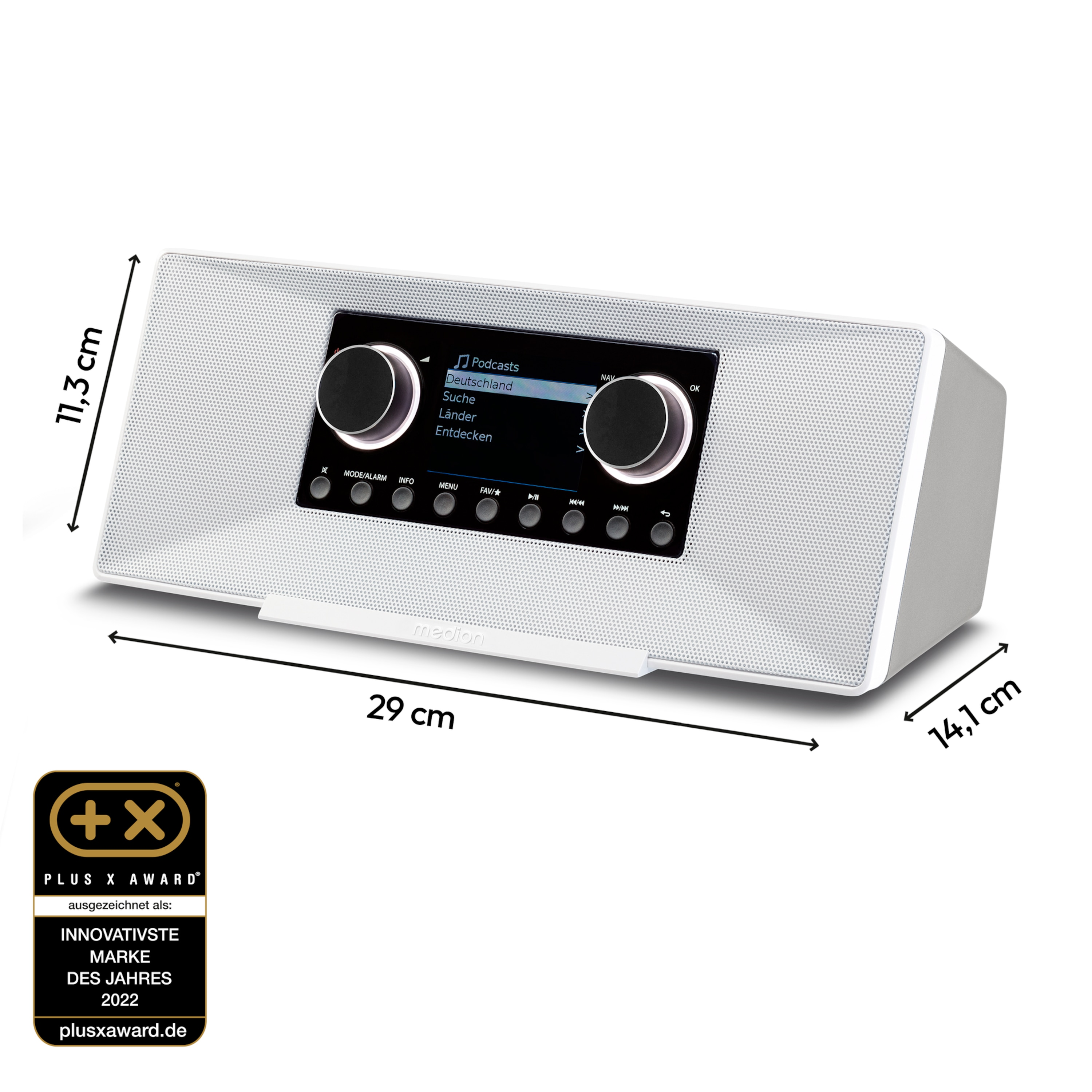 Białe radio z czarnym wyświetlaczem i przyciskami, wymiary pokazane.