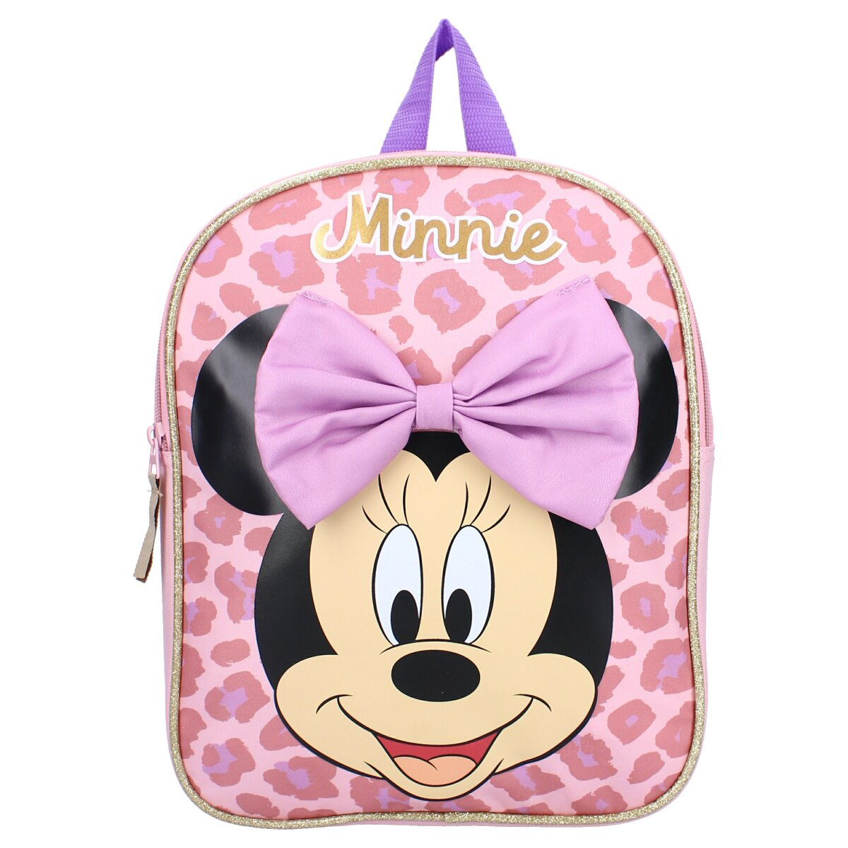 Rosa Minnie Maus Rucksack mit großer Schleife, Minnie-Gesicht und Leopardenmuster.