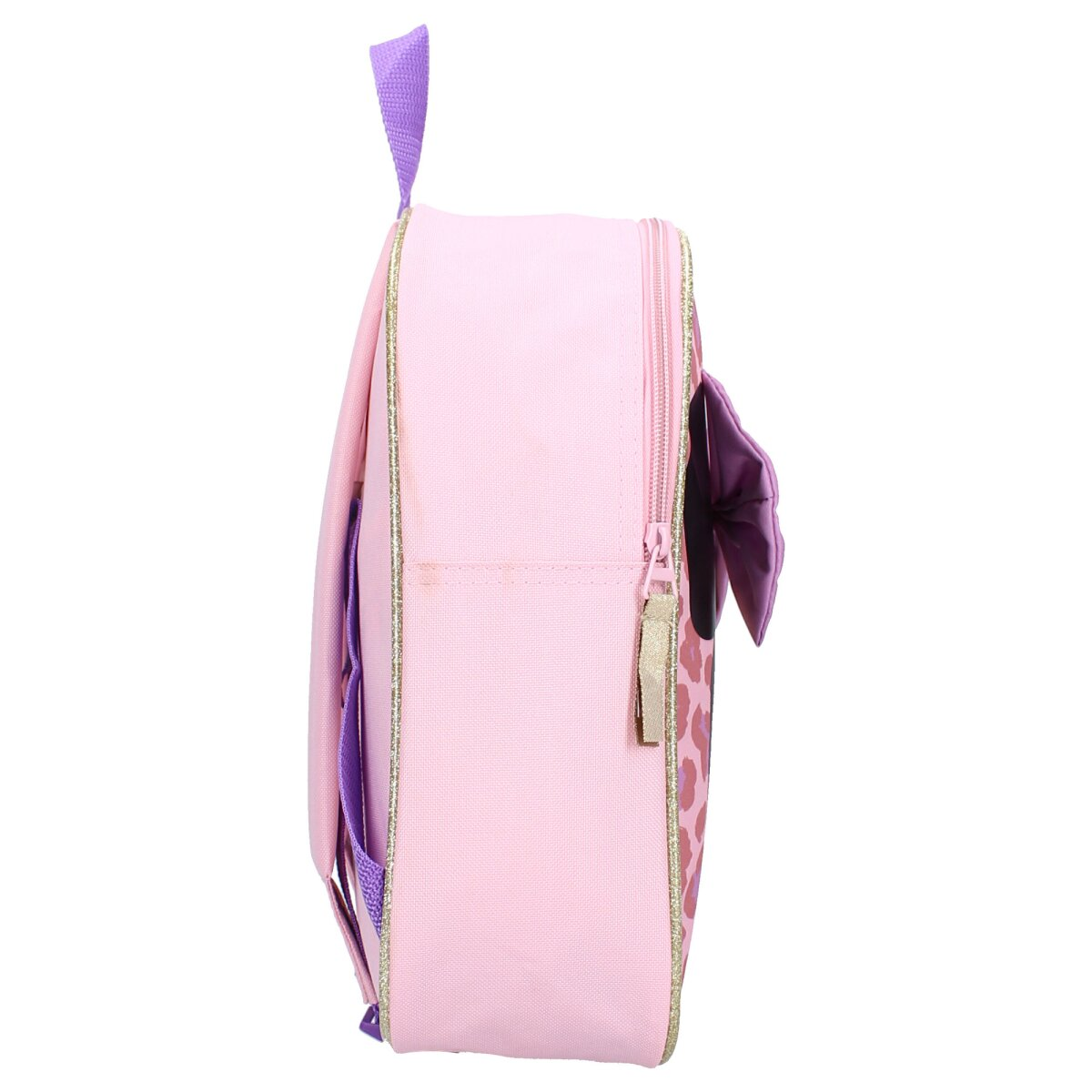 Rosa Rucksack mit lila Besatz, einer Schleife und einem Reißverschluss. Seitenansicht.