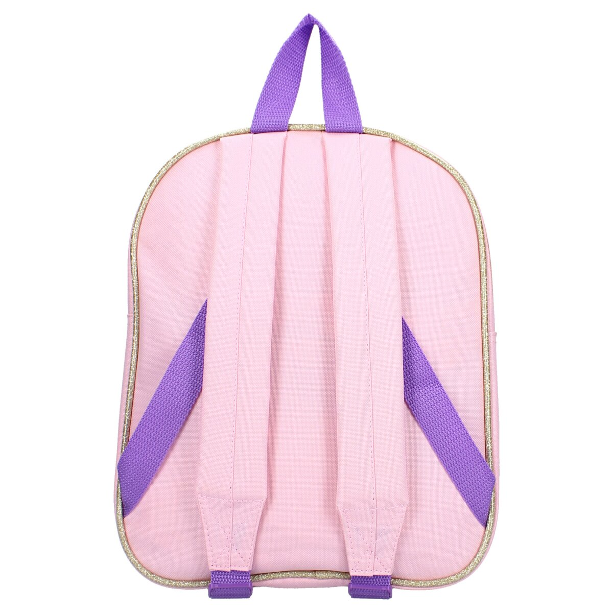 Rosa Rucksack mit lila Trägern und goldfarbenen Zierleisten. Der Rucksack ist von hinten gesehen.