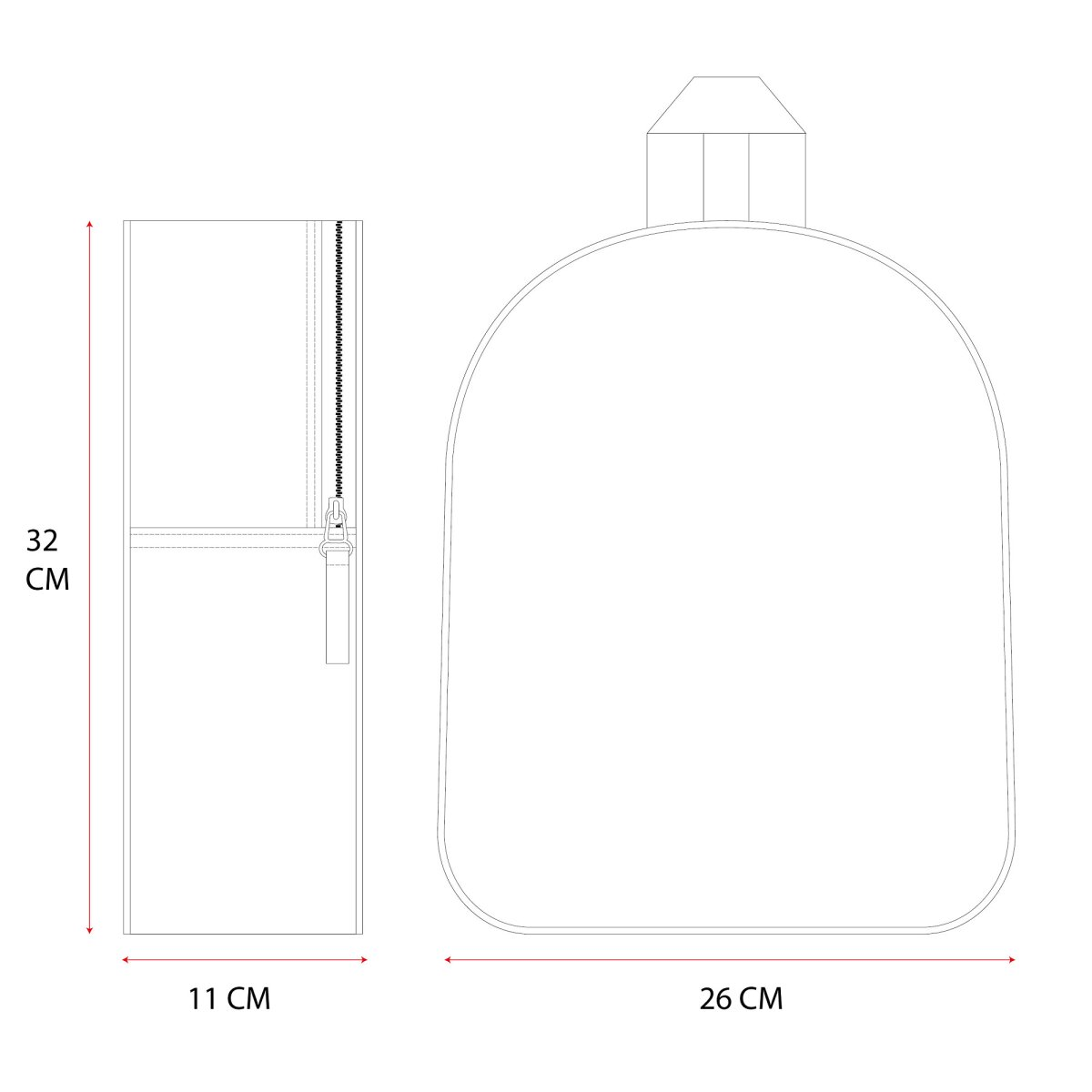 Diagramm eines Rucksacks, Abmessungen in cm. Seiten- und Vorderansicht gezeigt.