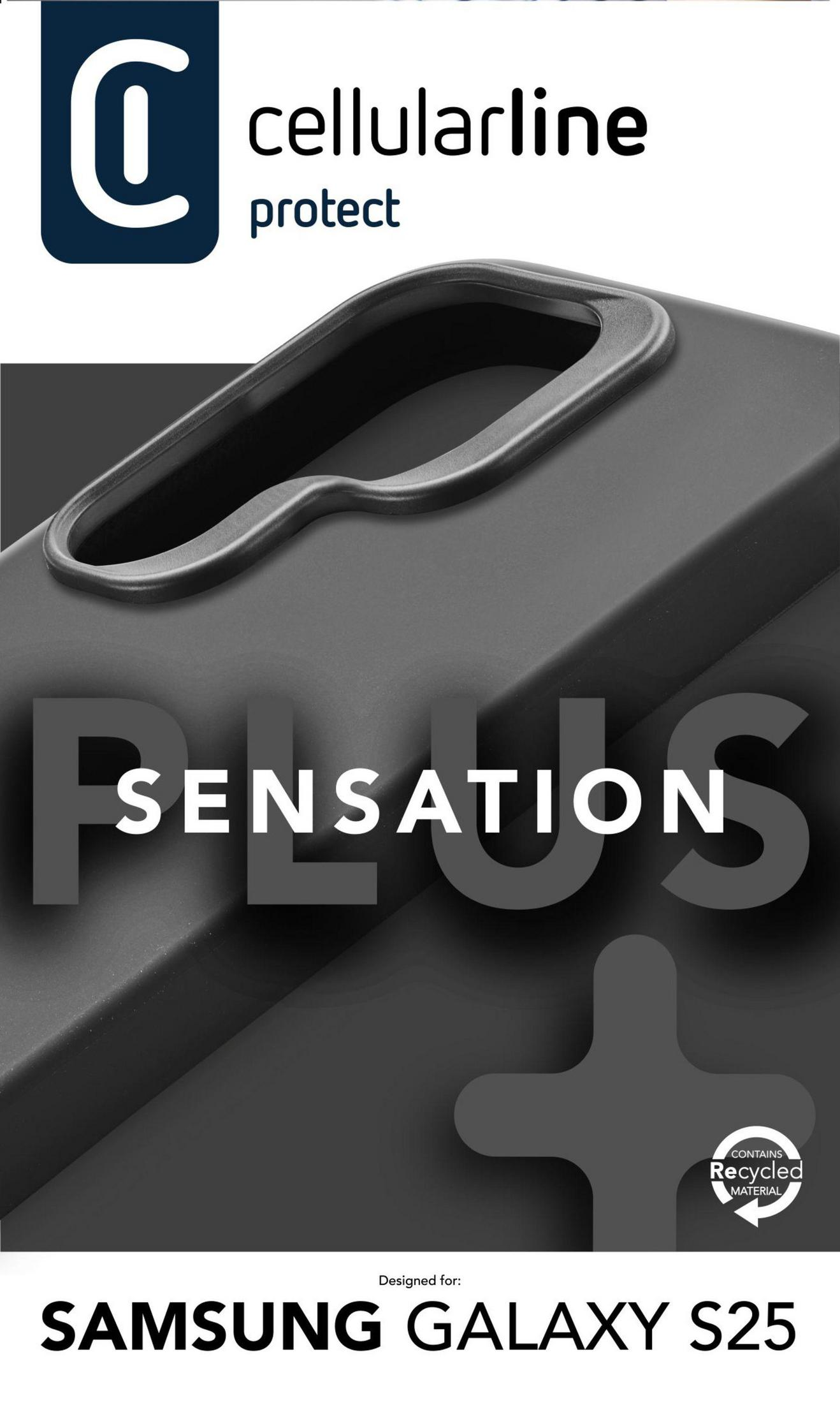 Una custodia per telefono scura con la parola SENSATION e un logo è visualizzata.