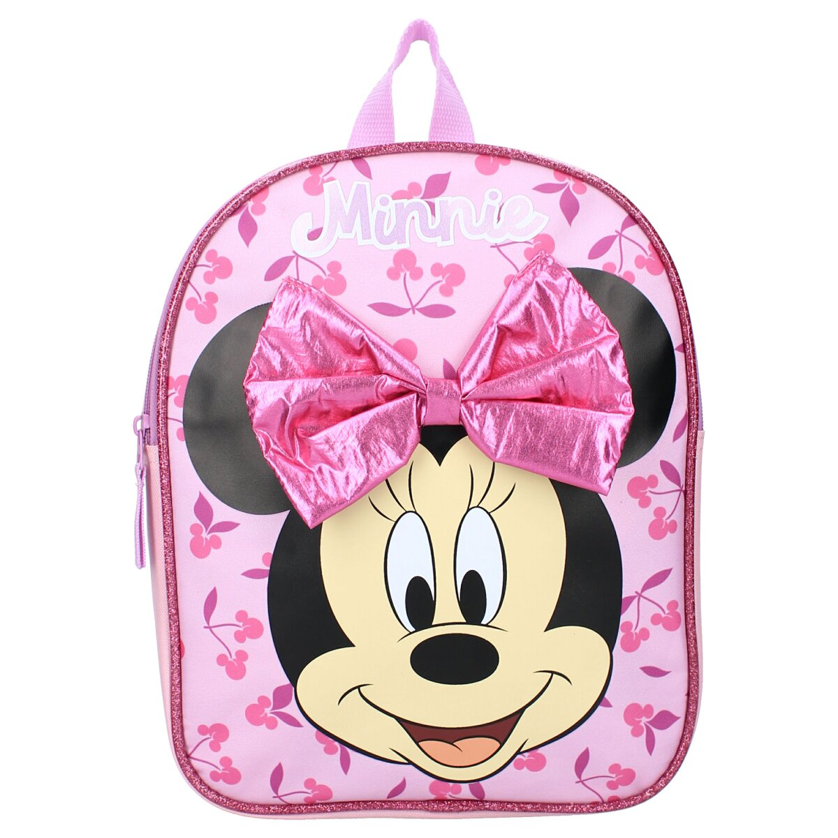 Rosa Minnie Mouse Rucksack mit Schleife, Blumen und Minnie's Gesicht.