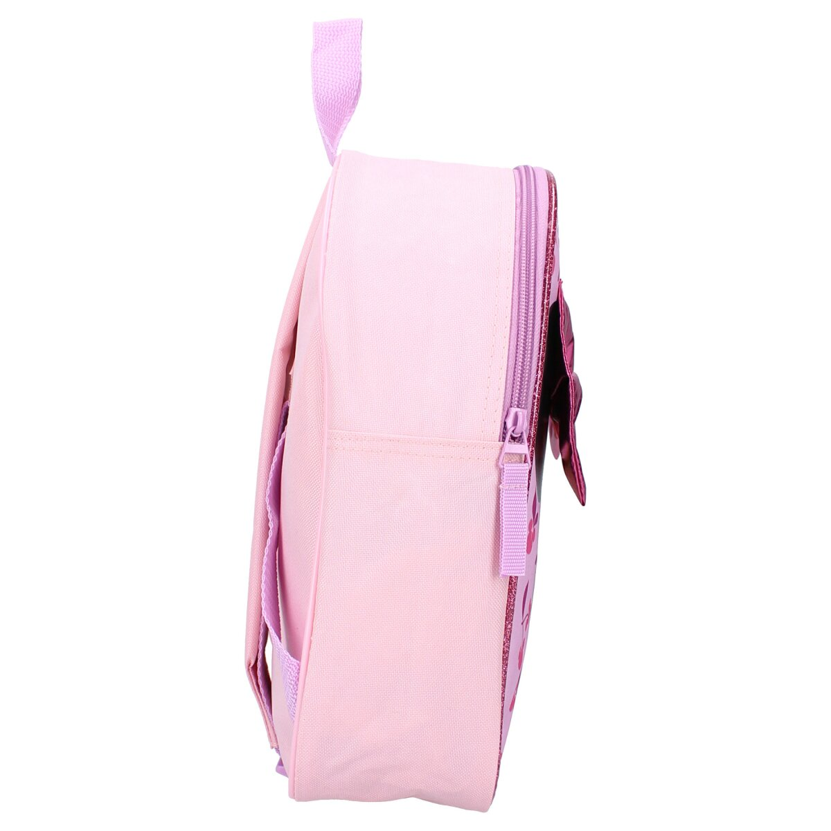 Rosa Rucksack mit Schleife und Reißverschluss. Seitenansicht.