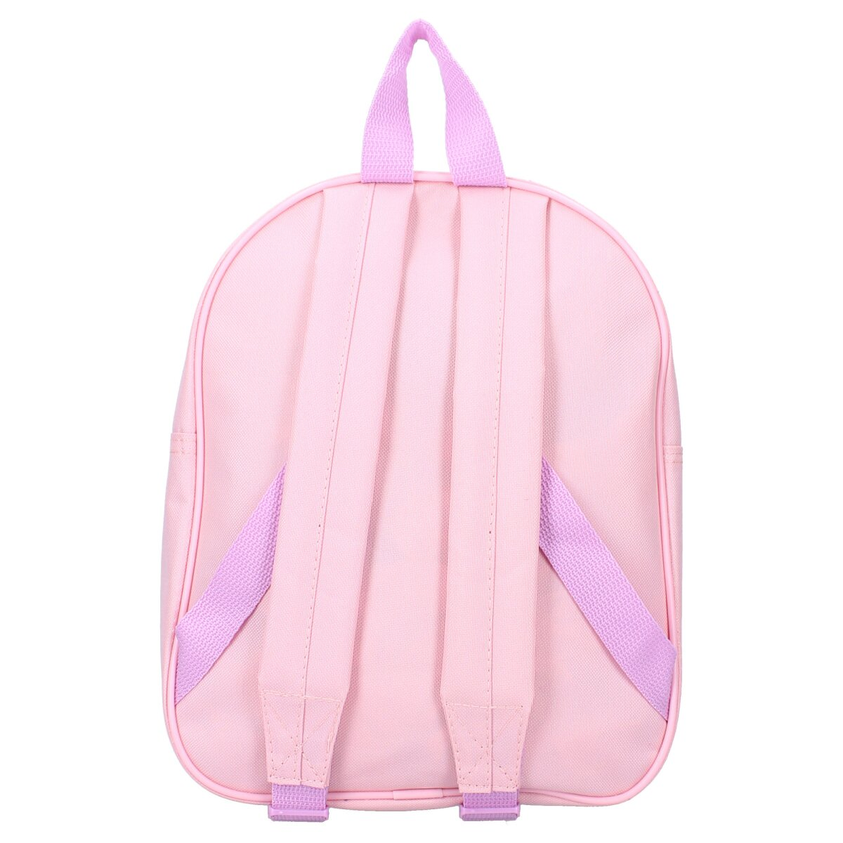 Pinker Rucksack mit lila Trägern.