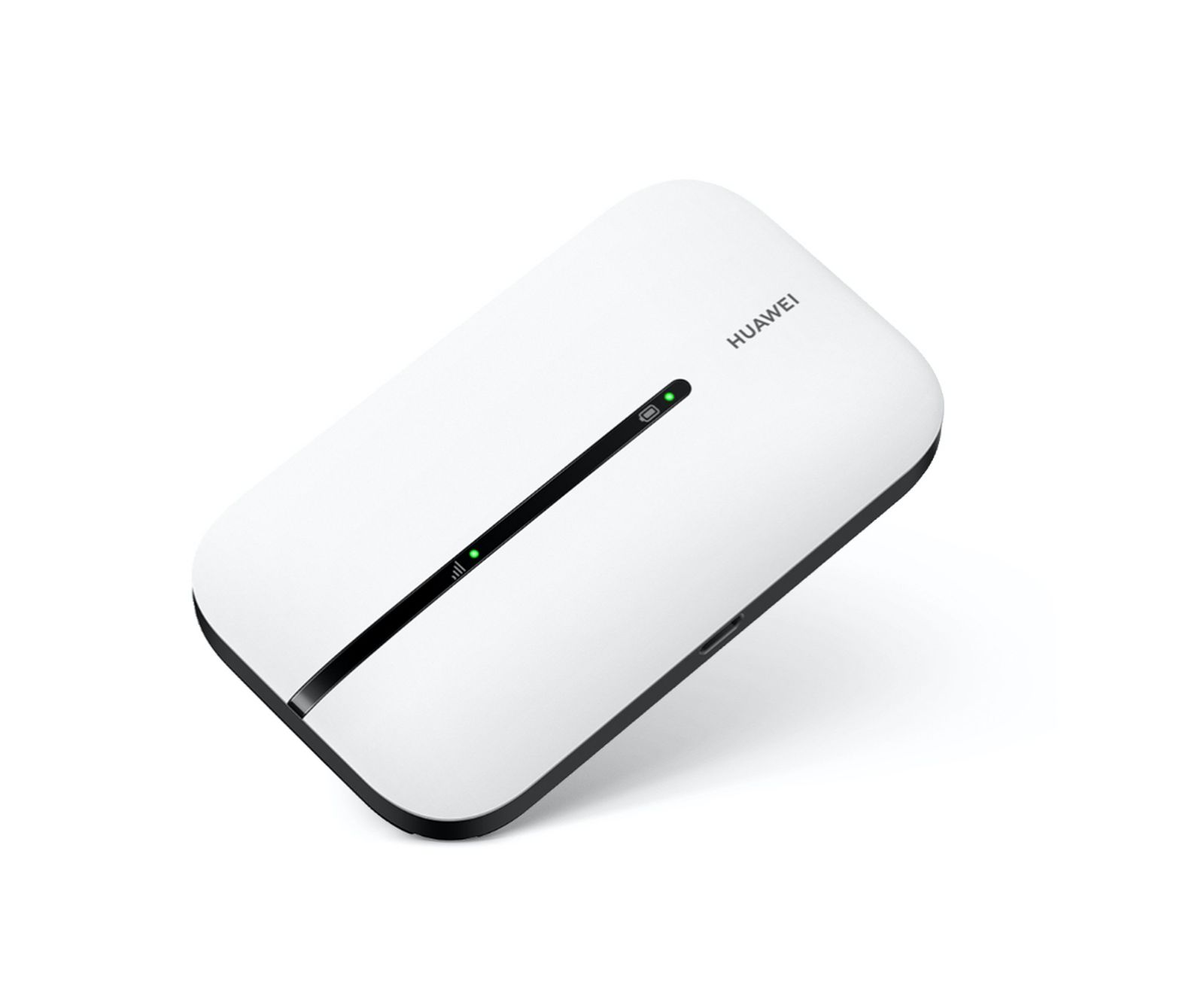 Router Wi-Fi mobile Huawei bianco. Striscia nera e luci LED verdi.