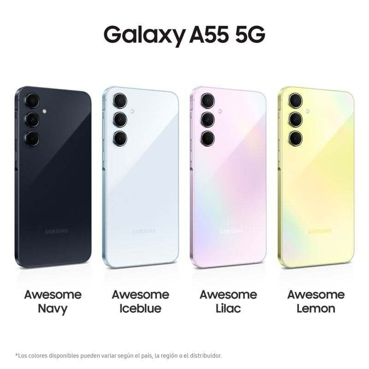 Cuatro smartphones: negro, blanco, rosa y amarillo. Las etiquetas de texto los describen como Awesome Navy, Iceblue, Lilac y Lemon.