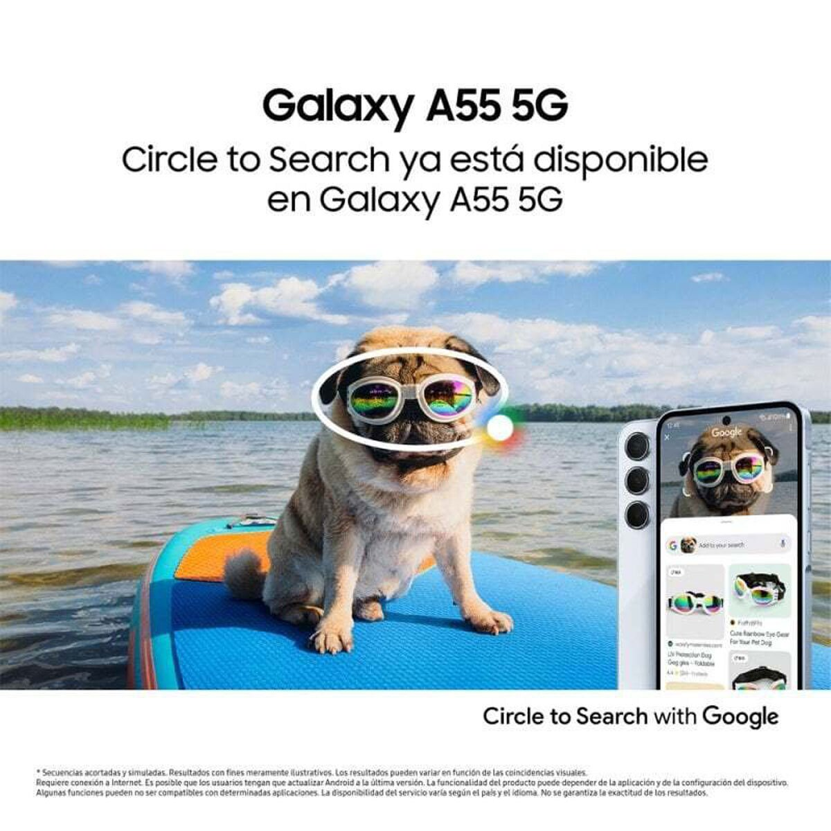 Perro pug con gafas de sol, un teléfono que muestra una interfaz de búsqueda. Texto y gráficos.